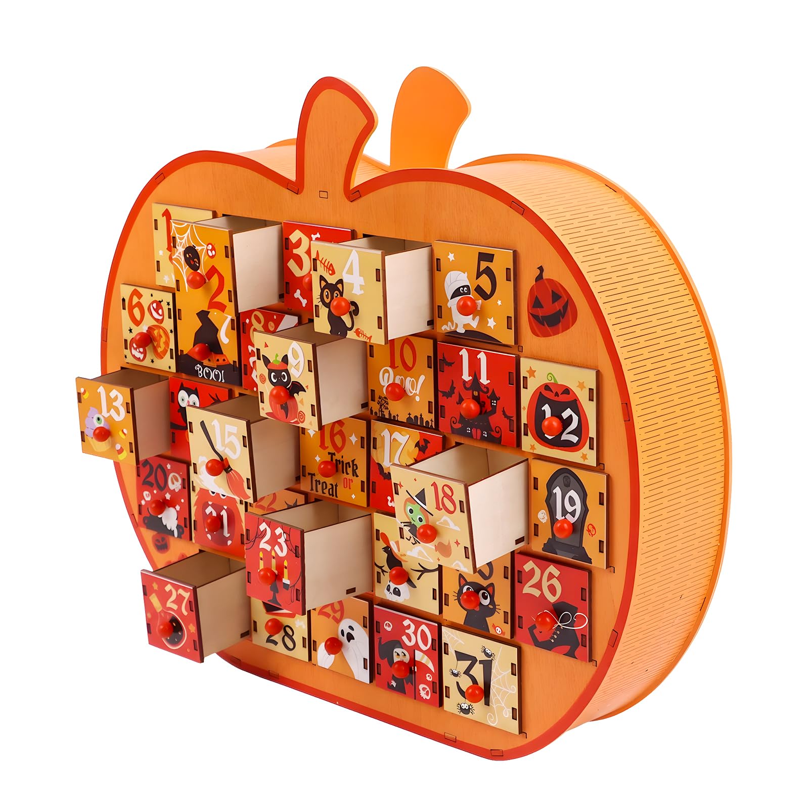 FOIMAS Calendario de Adviento de Halloween, caja de calendario de Adviento de madera con cuenta regresiva de calabaza de 31 días con cajones de almacenamiento para decoración de fiesta de Halloween