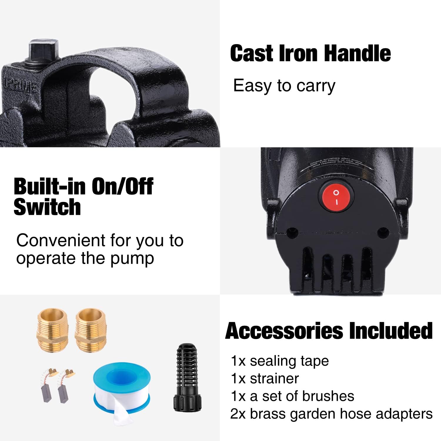 TOPWAY 1/2HP 1560GPH Portable Cast Iron High Pressure Utility Transfer Water Pump with Built-in On/Off Switch,Hose connectors & Suction Strainer.
