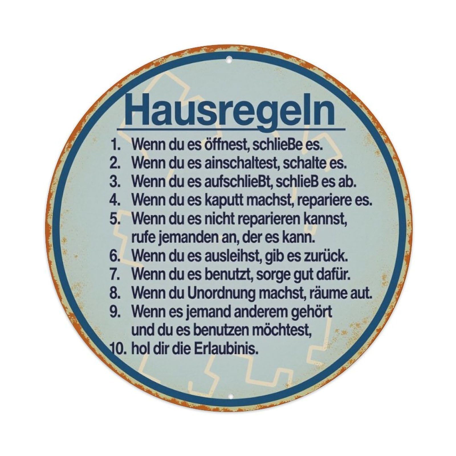 Vintage German Family House Rules Round Decor Sign Vintage Aluminium Metal Sign, Retro Wall Decor for Home, Bar, Garage & Farmhouse 20x20cm