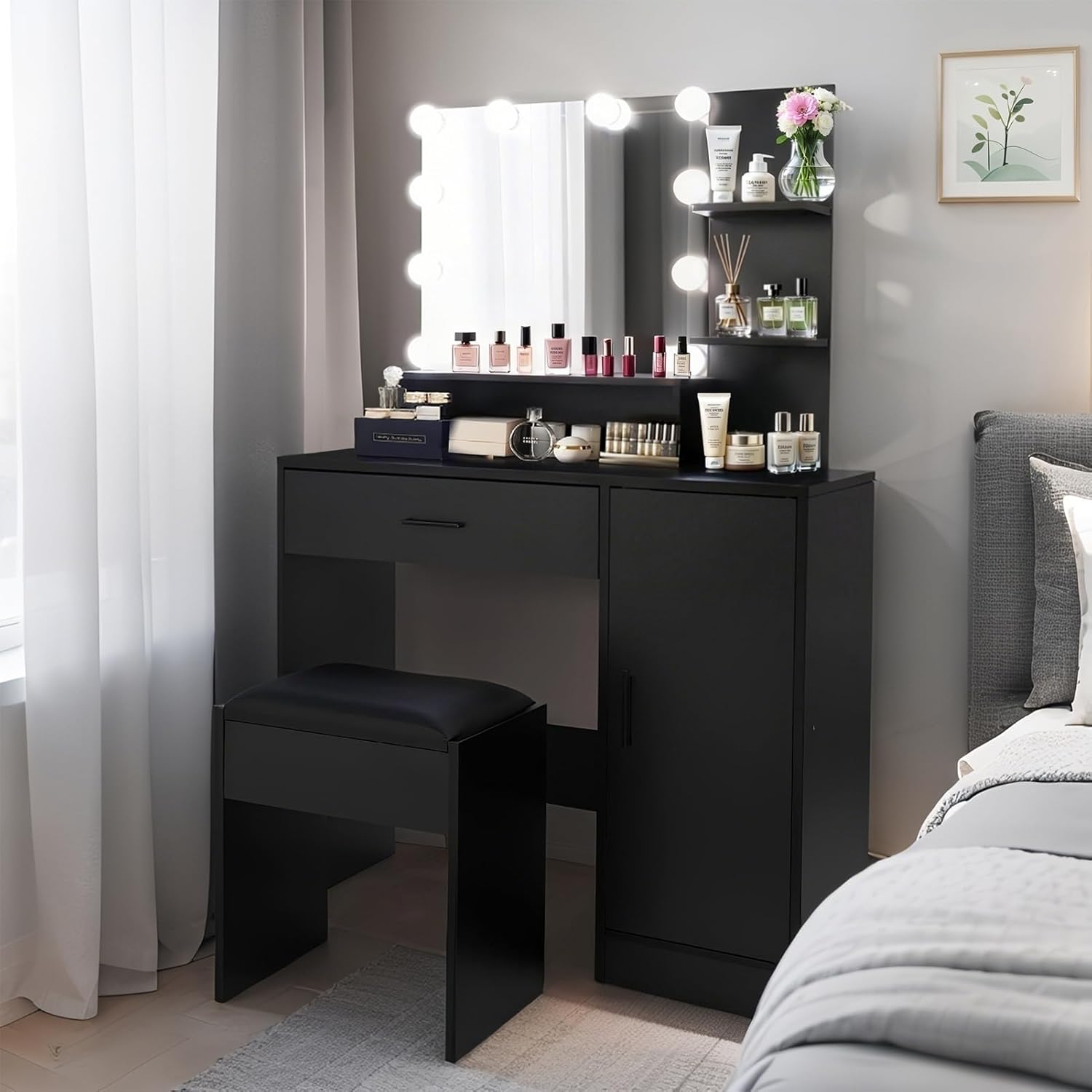 Vanity Desk with Mirror & 12 Bulb 35" Makeup Table Large Drawers Storage Cabinet, 3 Lighting Modes Adjustable Brightness, Dressing for Girls Women, Black (Black)