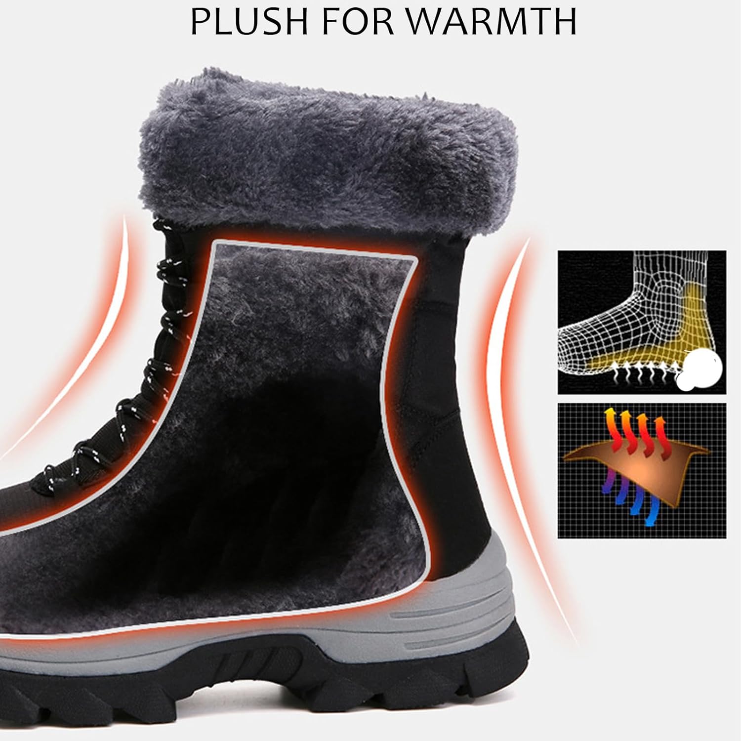 Women'S Waterproof Platform Snow Boots Winter Plus Velvet Warm Non-Slip Lace-Up Outdoor Snow Boots Fur Collar Casual Thickened Hiking Mid-Calf Boots