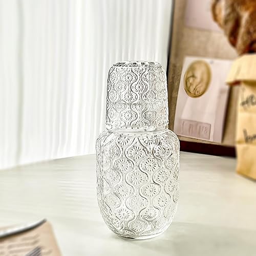 Miniatura 3 de Juego de jarra de agua vintage para mesilla de noche de dormitorio, jarra de agua para mesita de noche, jarra de enjuague bucal de vidrio rayado