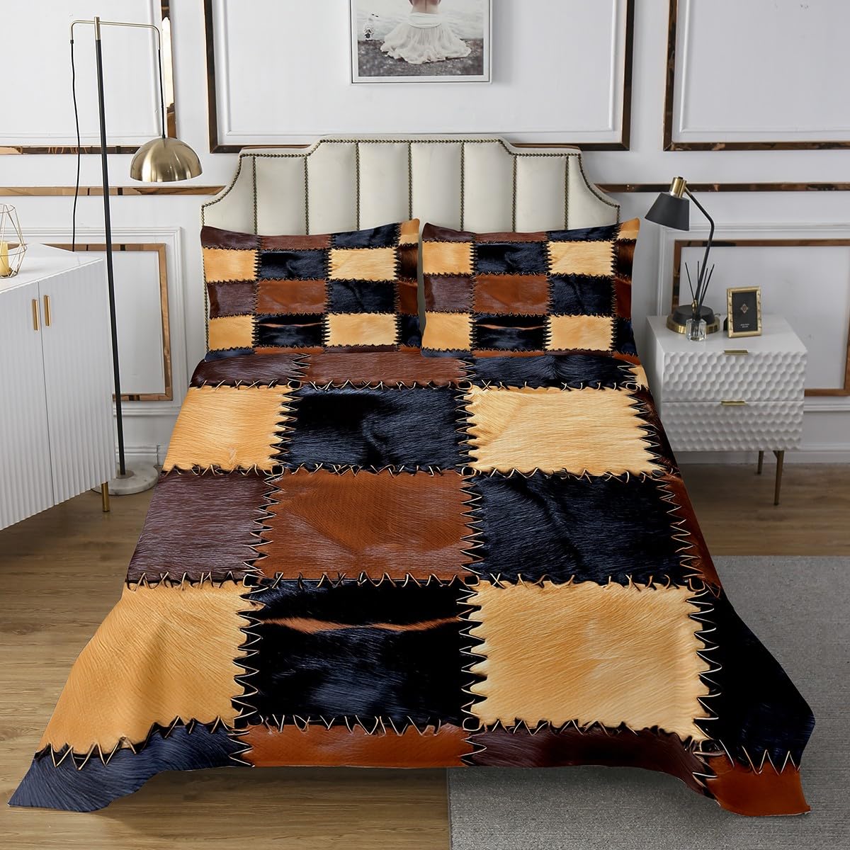 Cowhide Print Bedspread Western Cow Fur Patchwork Kids Quilted Coverlet for Boys Girls Rustic Farmhouse Coverlet Set Breathable Brown Orange Quilted Room Decor Twin Size