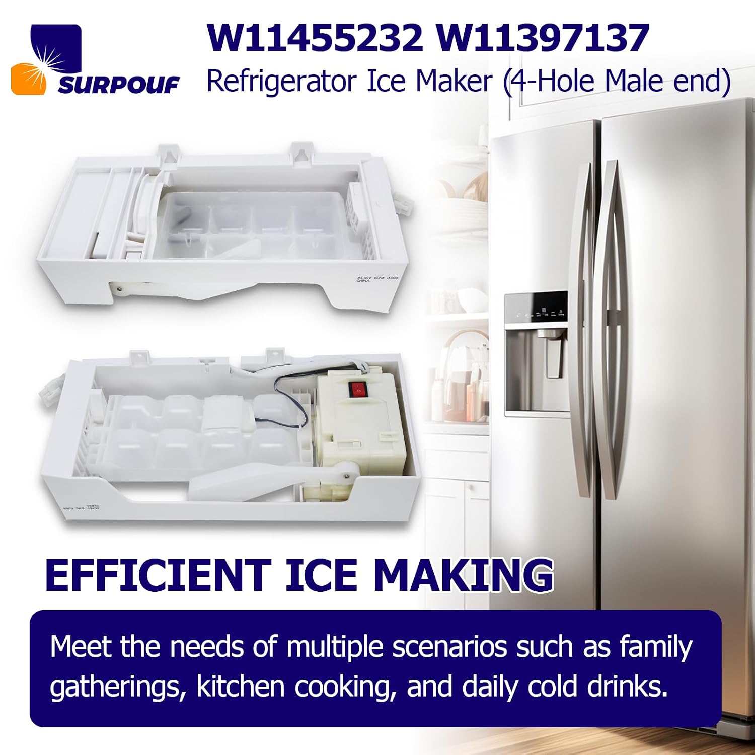 W11455232 W11397137 Refrigerator Ice Maker Compatible with Whirlpool KitchenAid Replacement 4962306 PS16220914 AWP45158 AP6990738 EAP16220914 PD00073934（4-Hole Male end）