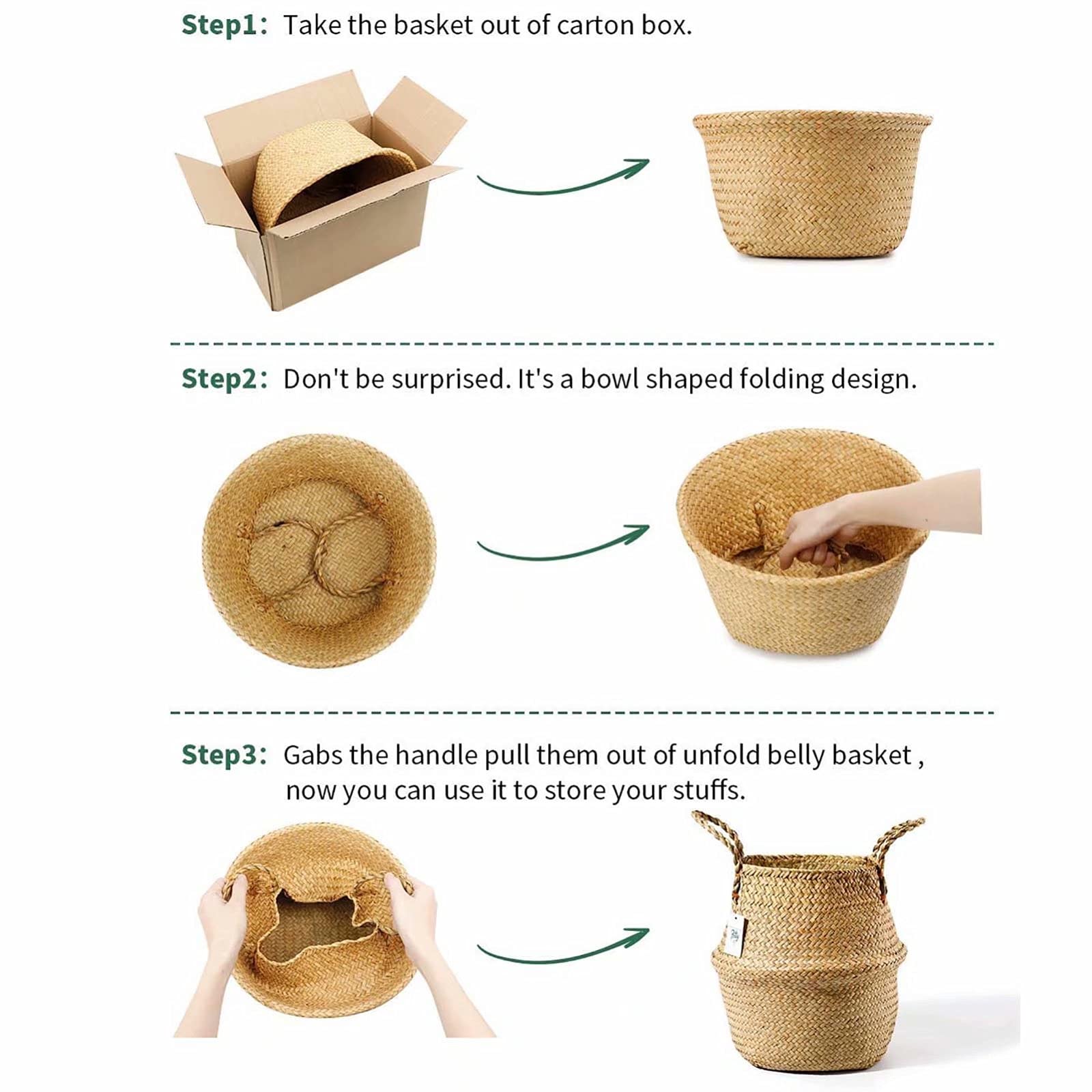 Seagrass Plant Basket Set of 3 Handmade Woven Belly Basket with Handles 3 Different Size Home Decor Storage Basket Large Storage Laundry Picnic Plant Pot Cover Pot Woven Straw Basket(S+M+L,Original)