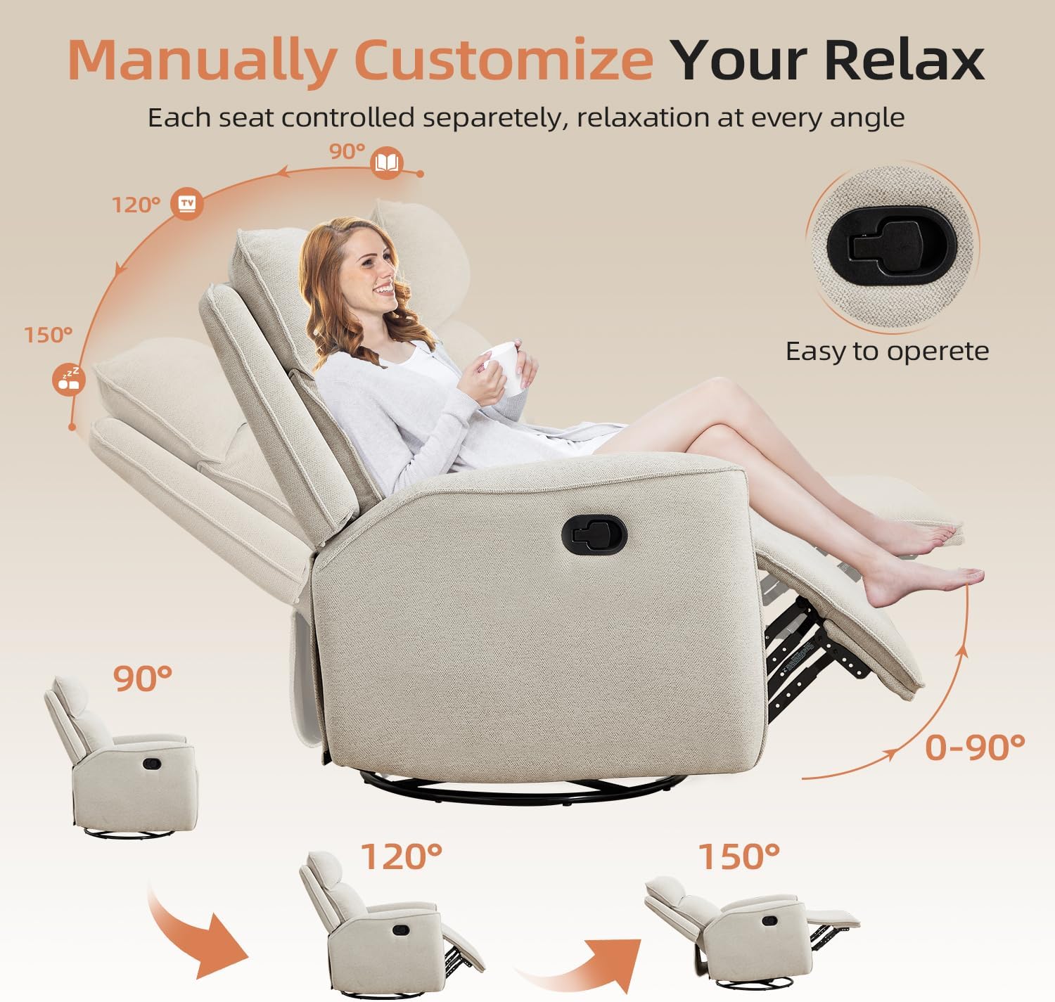 INZOY Nursing Rocking Chair Recliner, Swivel Rocker Recliner, Swivel Glider Rocking Recliners with Soft Backrest, Chenille Fabric Manual Reclining Sofa for Living Room Bedroom Apartment, Beige
