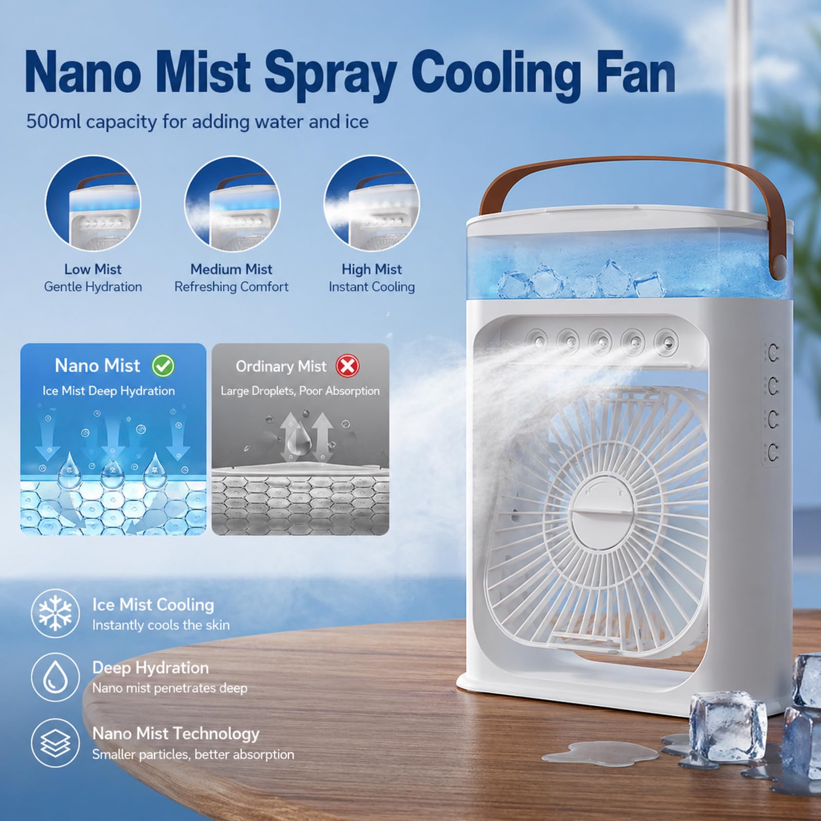 Przenośny mini klimatyzator 4 w 1, chłodnica powietrza 500 ml, przenośna klimatyzacja, chłodnica powietrza, wentylator USB, 3 prędkości, 3 tryby mgły, 7 kolorowych świateł, 1-3 h timer