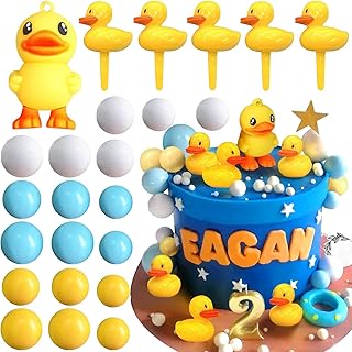Juego de decoración de fiesta de cumpleaños de pato, pequeñas decoraciones de pasteles amarillos, accesorios azules y amarillos, accesorios lindos para tartas de bola de pato, decoraciones para