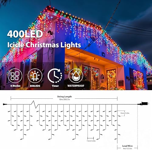 Miniatura 2 de MEHOFOND Luces de Navidad para exteriores, 33 pies, 400 LED, 8 modos, 75 luces de cascada de hadas, temporizador impermeable para decoración de
