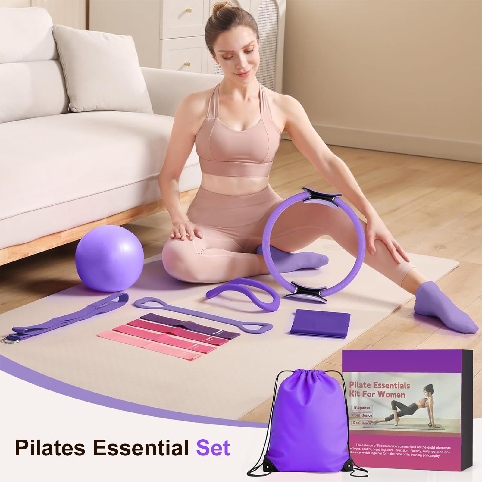 Pilates Set, Pilates Ring Zubehör Set 13 Teiliges mit Yoga Ball, Yoga Gurt, Fitnessbänder, Pilates Socken, Trainingsposter & Tragbarer Tasche, Home Pilates Essential Kit für Frauen