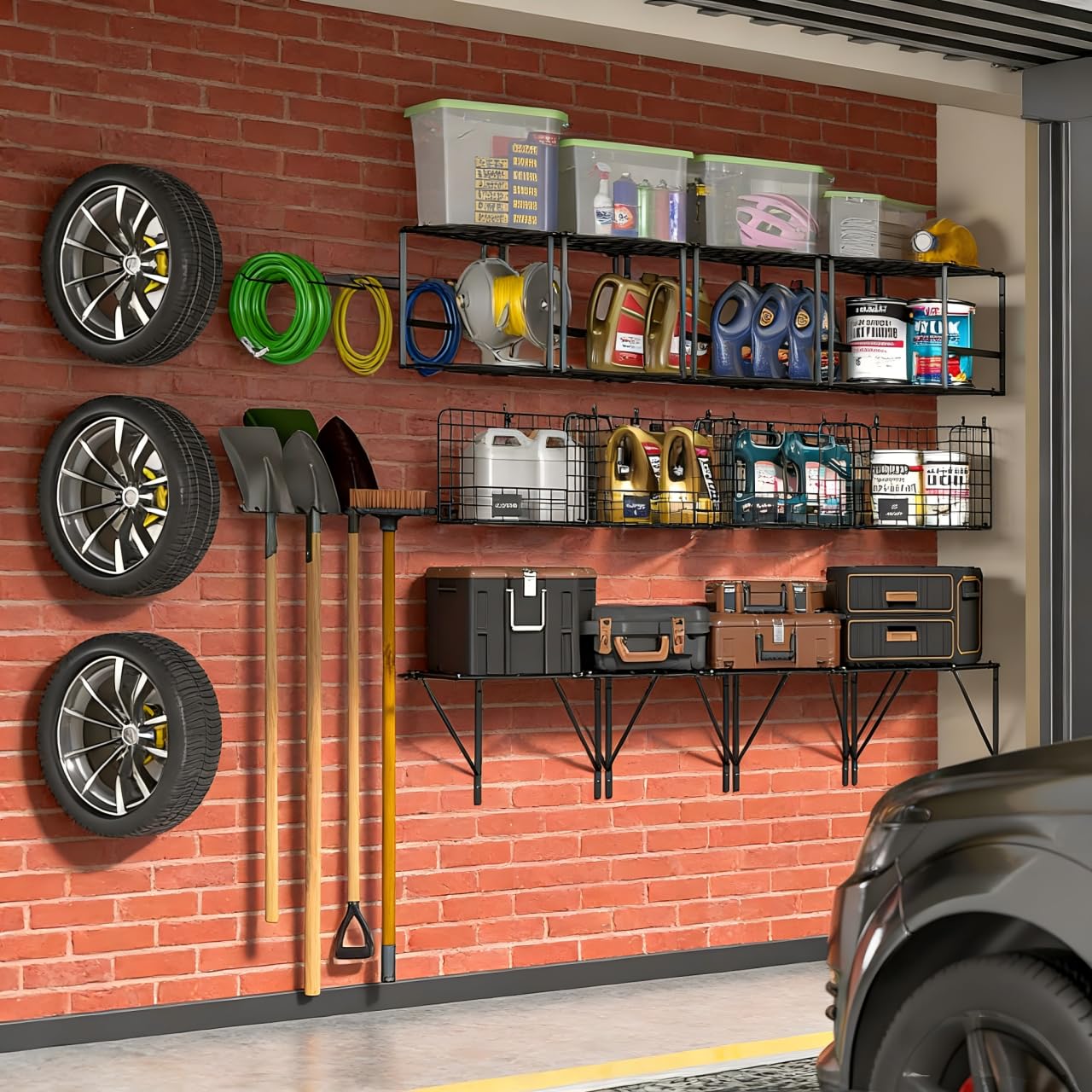 Scaffalatura per Garage Resistente con Cestelli Metallici, Mensole per Lavanderia, Mensole da Parete, Organizer per Attrezzi per Capannone, Giardino, Cucina, Rimorchio