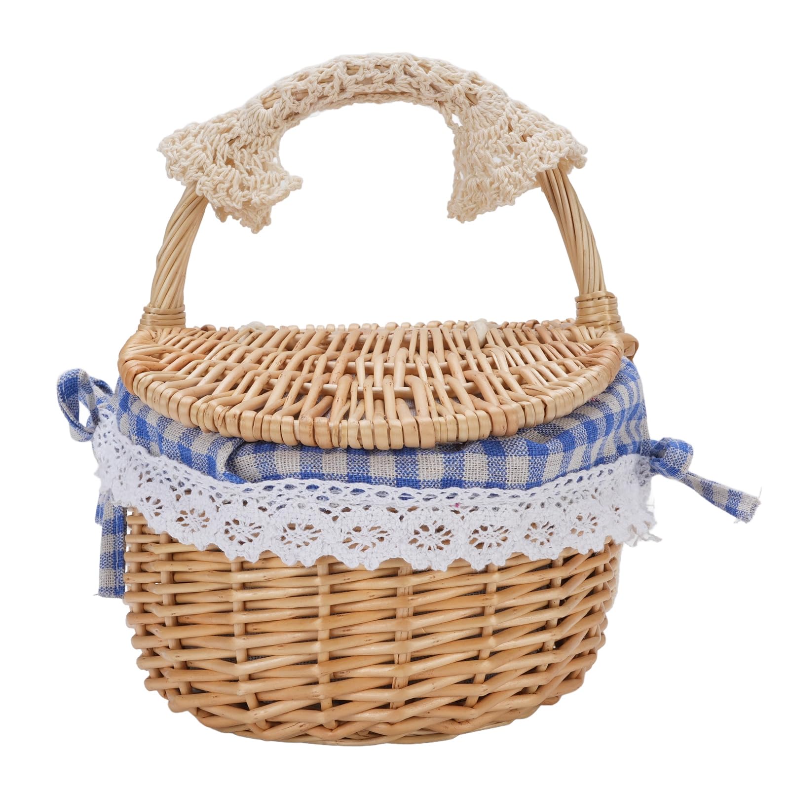 Panier de Pique-Nique en Osier avec Couvercle et Poignée, Panier de Pique-Nique pour la Cueillette de Légumes de Camping, Couvercle à Double Ouverture et Doublure Amovible (Plaid Bleu)