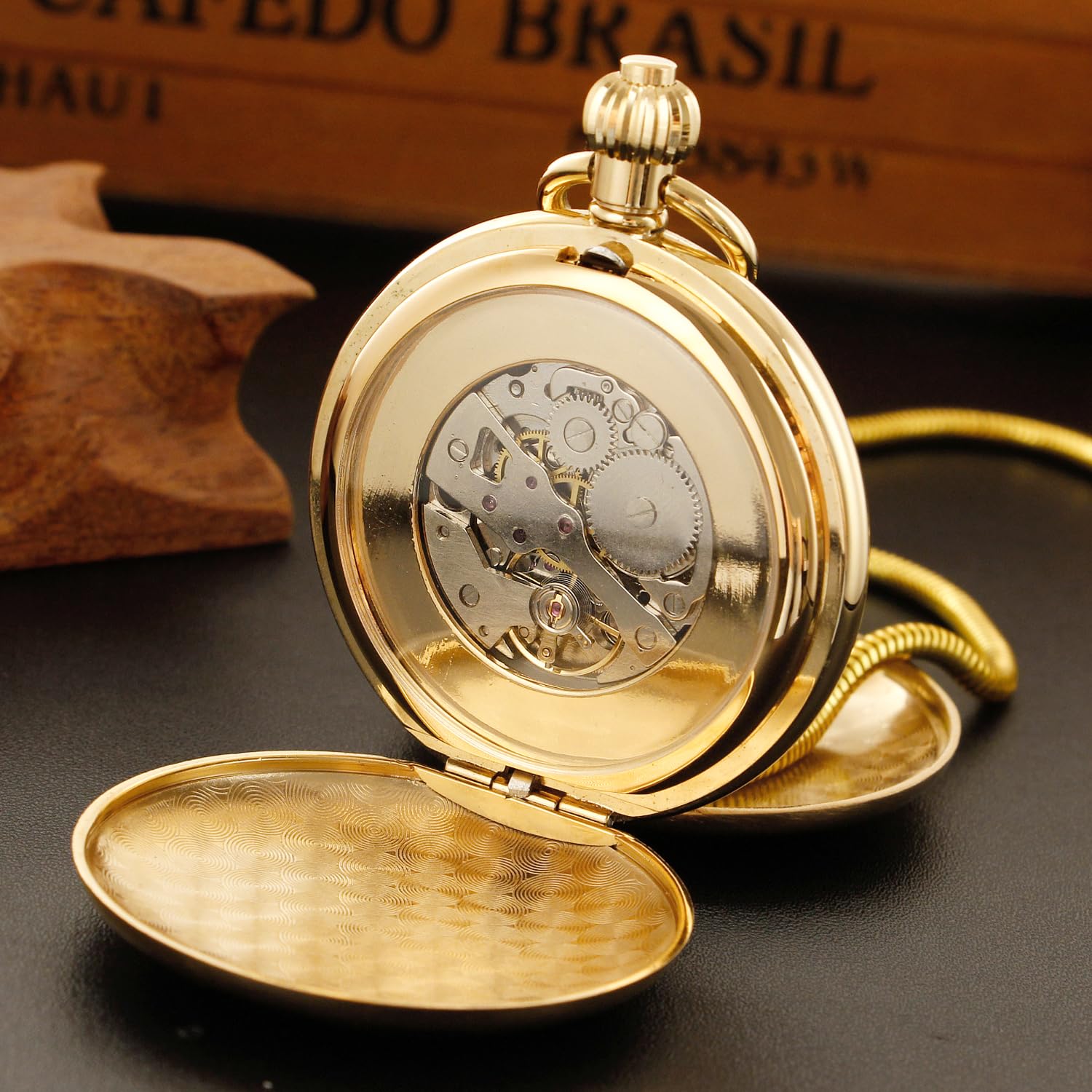 Tiong Orologio da tasca meccanico da uomo a doppia copertura, orologio da tasca meccanico a catena con quadrante a doppia copertura, orologio da tasca meccanico a scatola da uomo