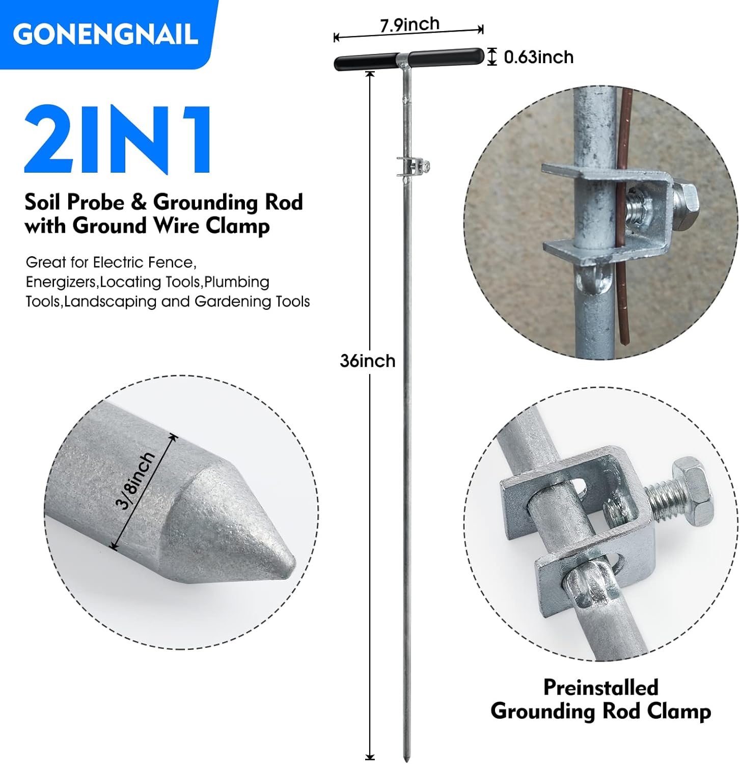 2in1 Soil Probe & Grounding Rod with Ground Wire Clamp, Great for Electric Fence, Energizers, Locating Tools, Plumbing, Landscaping and Gardening (36-inch Set of 2)