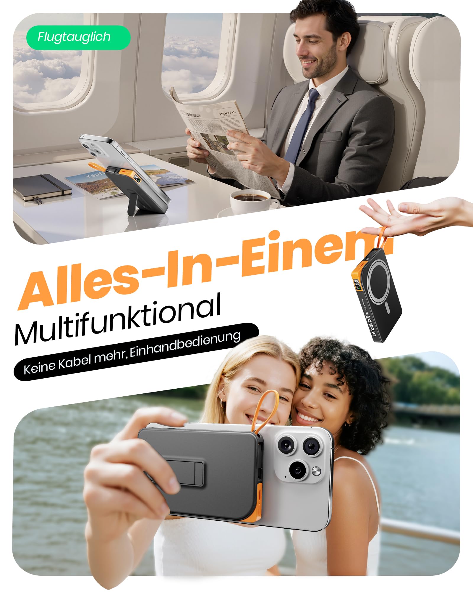 Power Bank für MagSafe iPhone 10000mAh, 3 in 1 Magnetische Schnellladen PowerBank for i-Phone Air 17/16/15/14/13/12, Wireless Powerbanks Handy mit integriertem USB-C Kabel & Ständer für Android