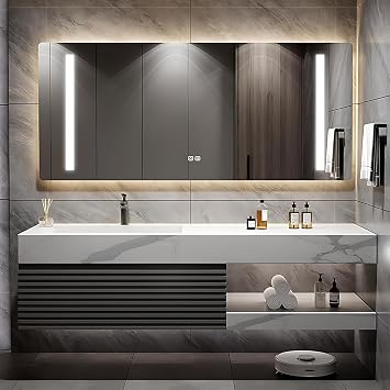 48 Inch Bathroom Vanity, Single Sink Bathroom Vanity Set Includes Anti-Fog LED Mirror Cabinet, Slate Countertop & Bathroom Sink Cabinet, Wall Mounted Floating Modern Bathroom Vanities, Dark Gray