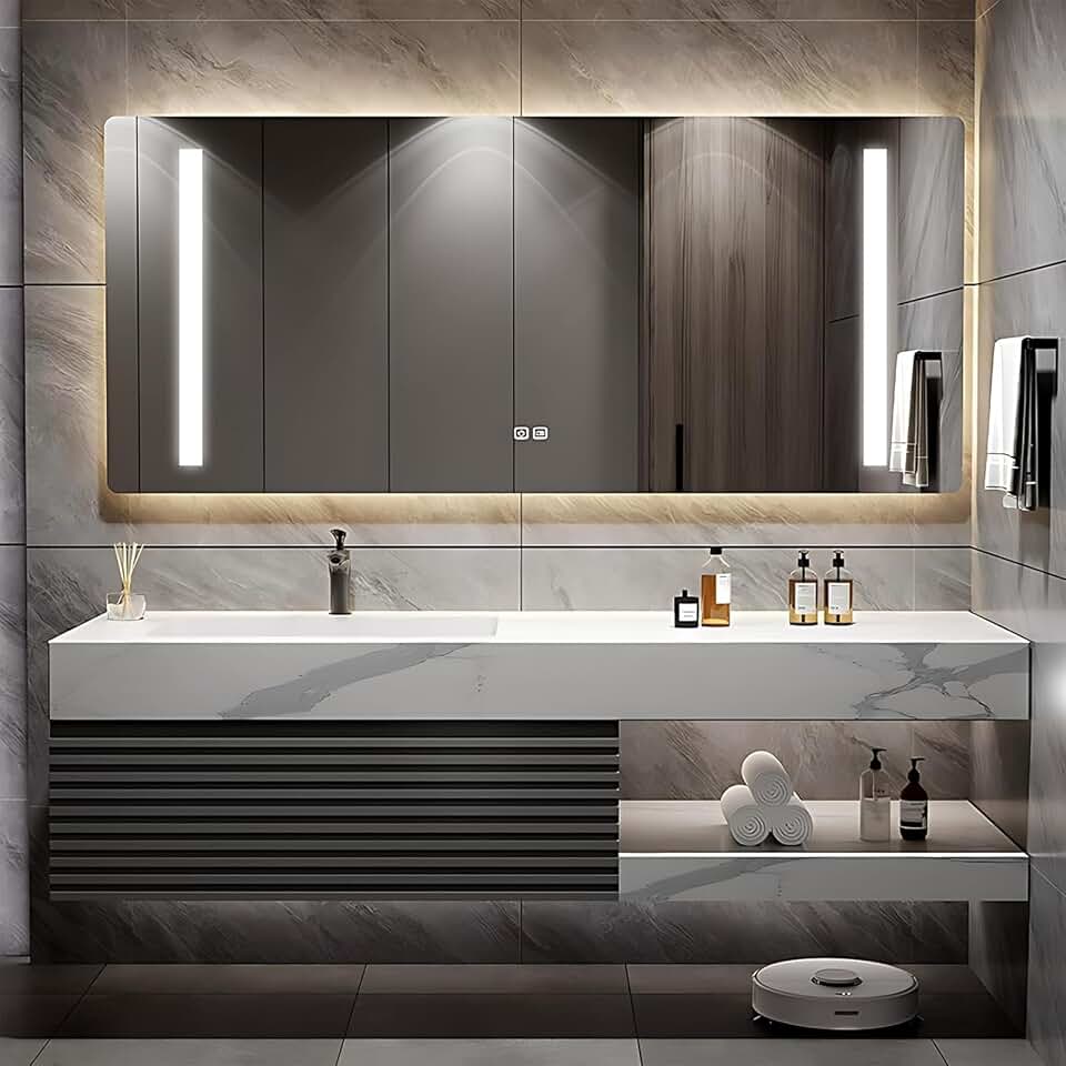 60 Inch Bathroom Vanity, Single Sink Bathroom Vanity Set Includes Anti-Fog LED Mirror Cabinet, Slate Countertop & Bathroom Sink Cabinet, Wall Mounted Floating Modern Bathroom Vanities, Dark Gray