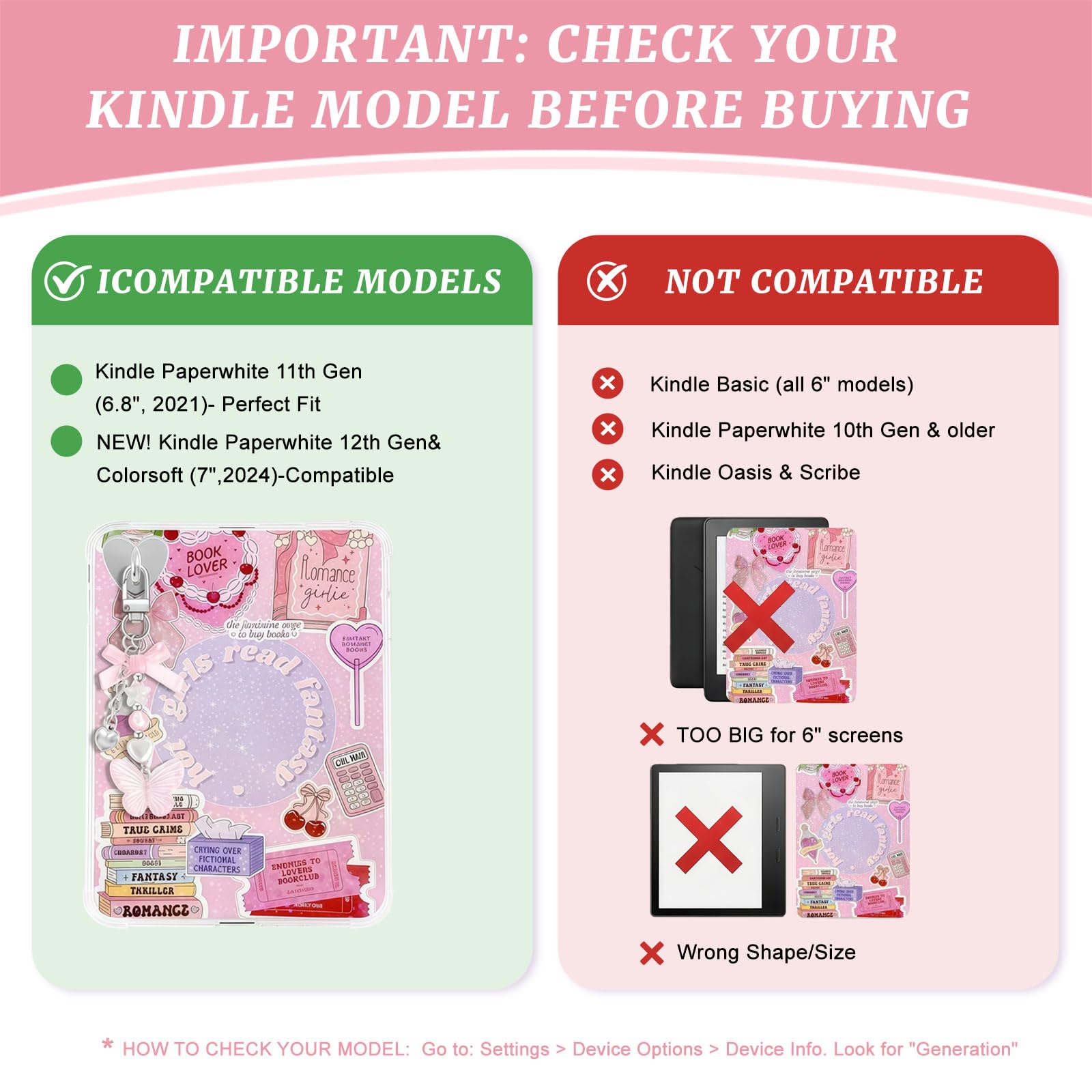 Set Decorativo Rosa VelvetGlow 6 Inserti e 2 Ciondoli in Perla per Custodia E-Reader Compatibile con Paperwhite 11ª/12ª Gen