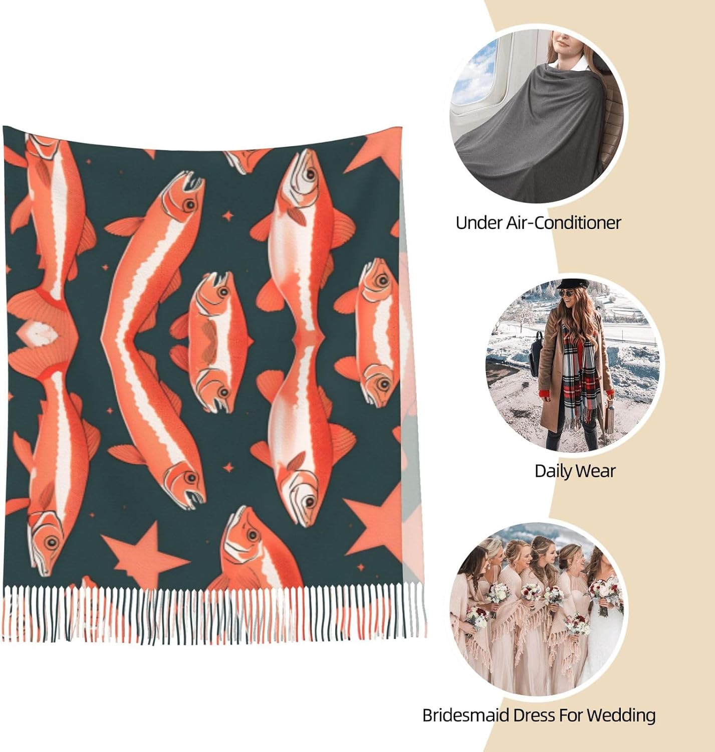 Salmon print Long Scarf with Tassels Shawl Wrap Women Scarf Fashion Christmas Winter Scarf for Women Men