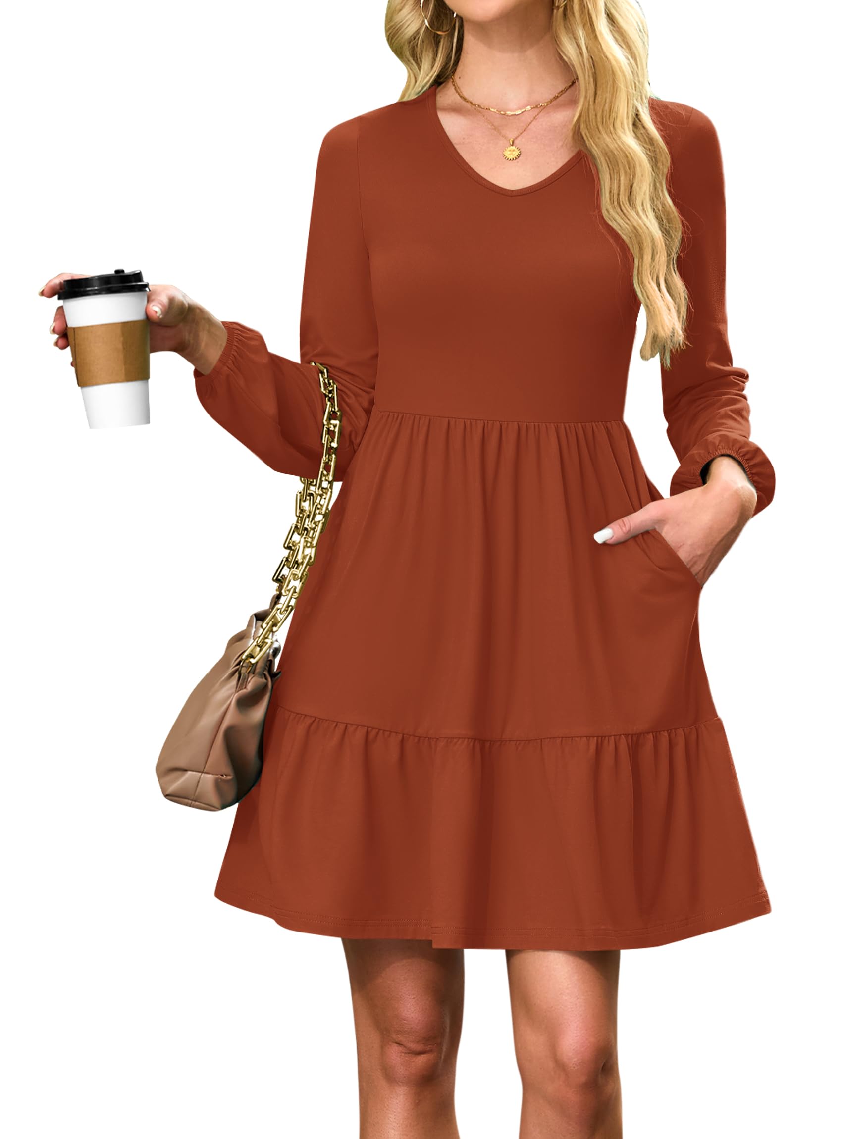 AUSELILY Damen Kleid Langarm V-Ausschnitt Tasche Midi Leicht Herbst Winter