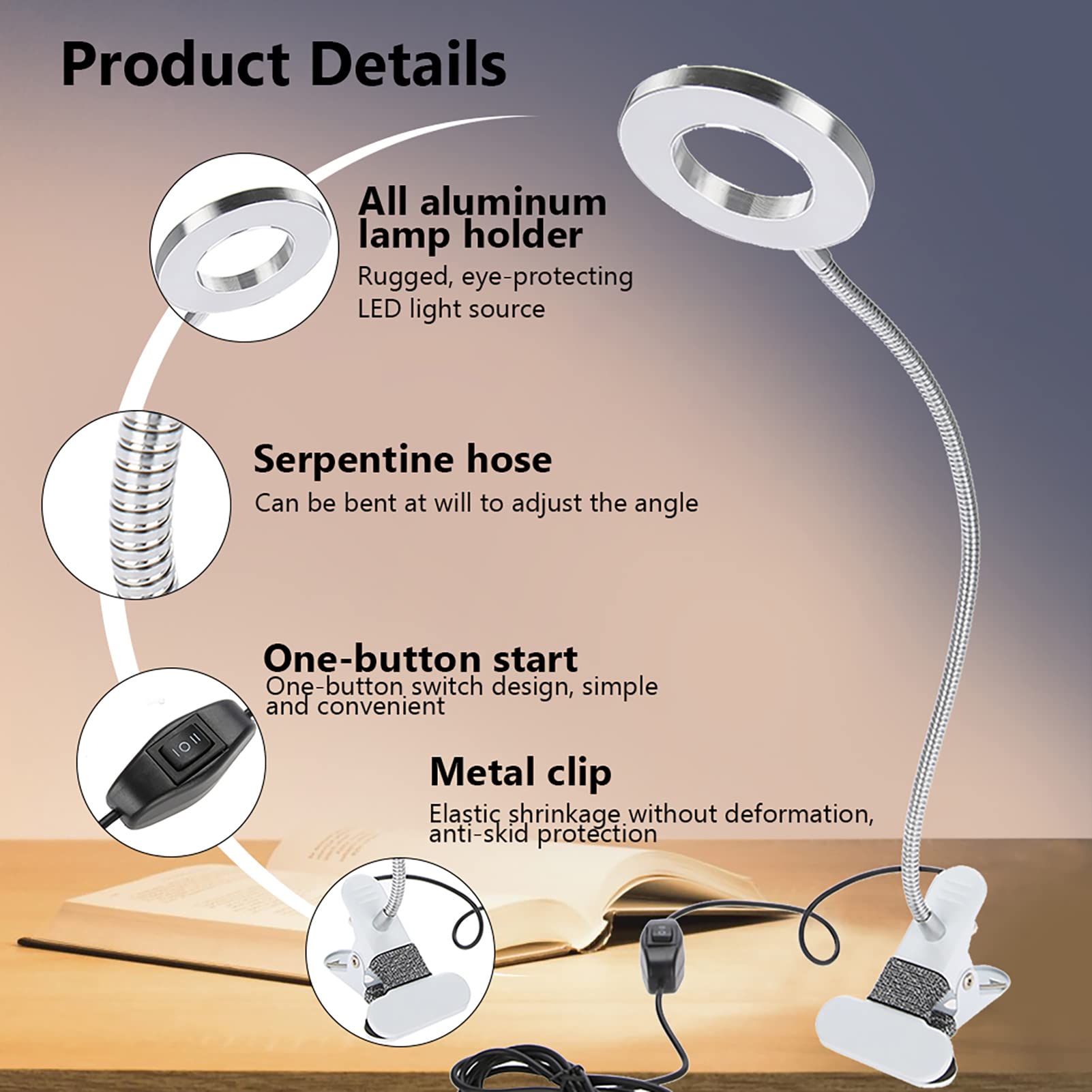 Lampe LED USB pour tatouage de maquillage, lampe de table de beauté avec pince pour microblading, sourcils, manucure et extension de cils, lumière froide et chaude