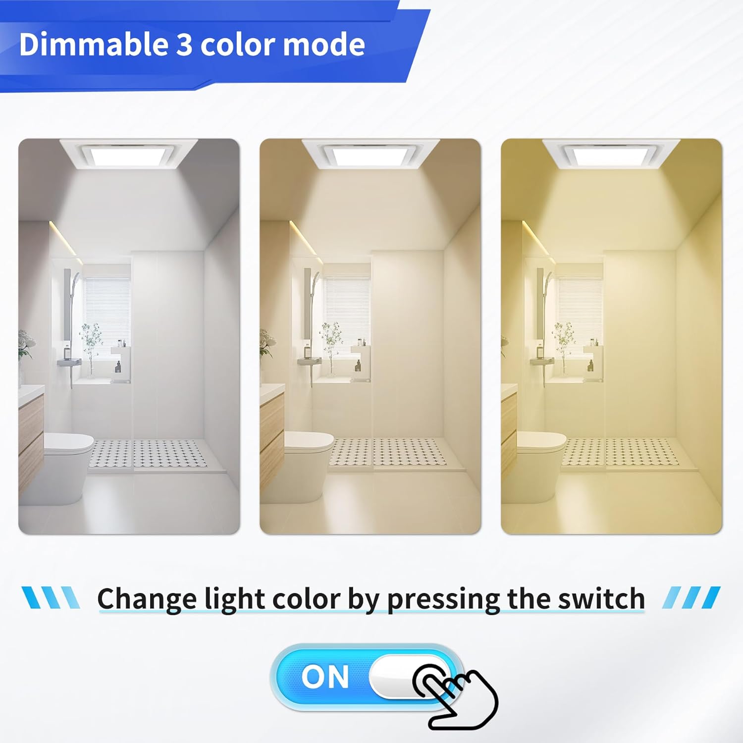 Bathroom Fan with Light, Ceiling Mount Quiet Square Bathroom Exhaust Fan with Color Change Light 3000K/4000K/6000K, Home Vent Fan and Light Combo, 1.0 Sones 110 CFM 110V 4" Duct