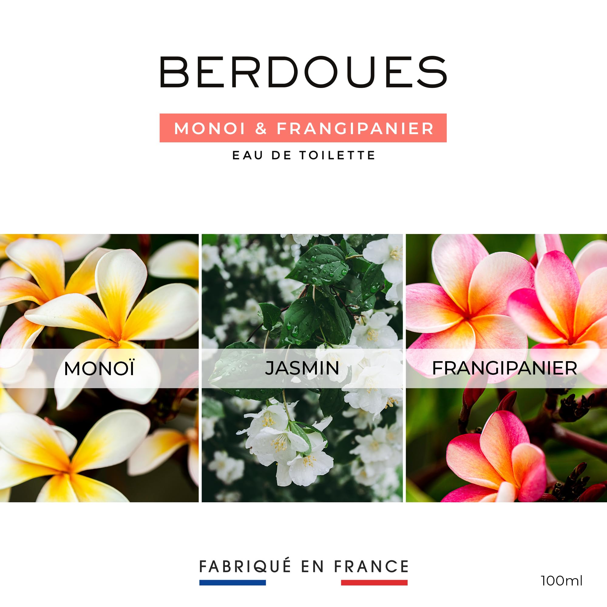BERDOUES - Eau de Toilette Monoï & Frangipanier + Eau de toilette Monoï & Coco, Lot Solaire et Exotique, Parfum femme, Vegan, Made in France, flacon 2x100ml