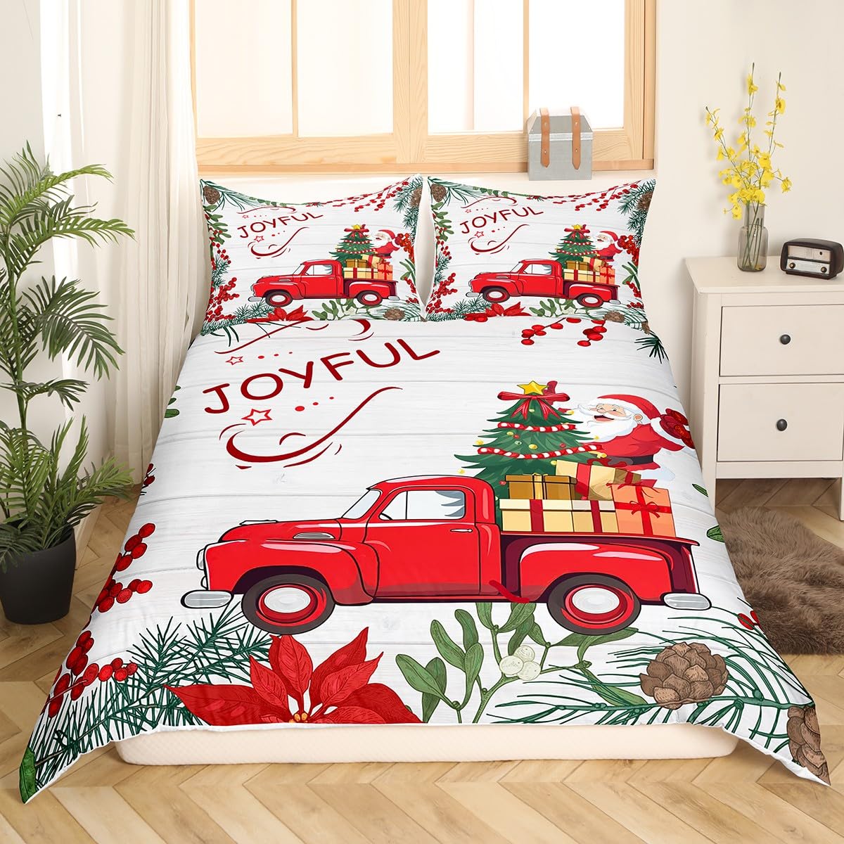 Cartoon Santa Claus Comforter Cover Twin,Red Truck Xmas Tree Duvet Cover with 1 Pillowcase,Watercolor Fruits Leaves Boys Girls Soft Bed Cover,Rustic Farmhouse Style Modern Room Decor,No Comforter