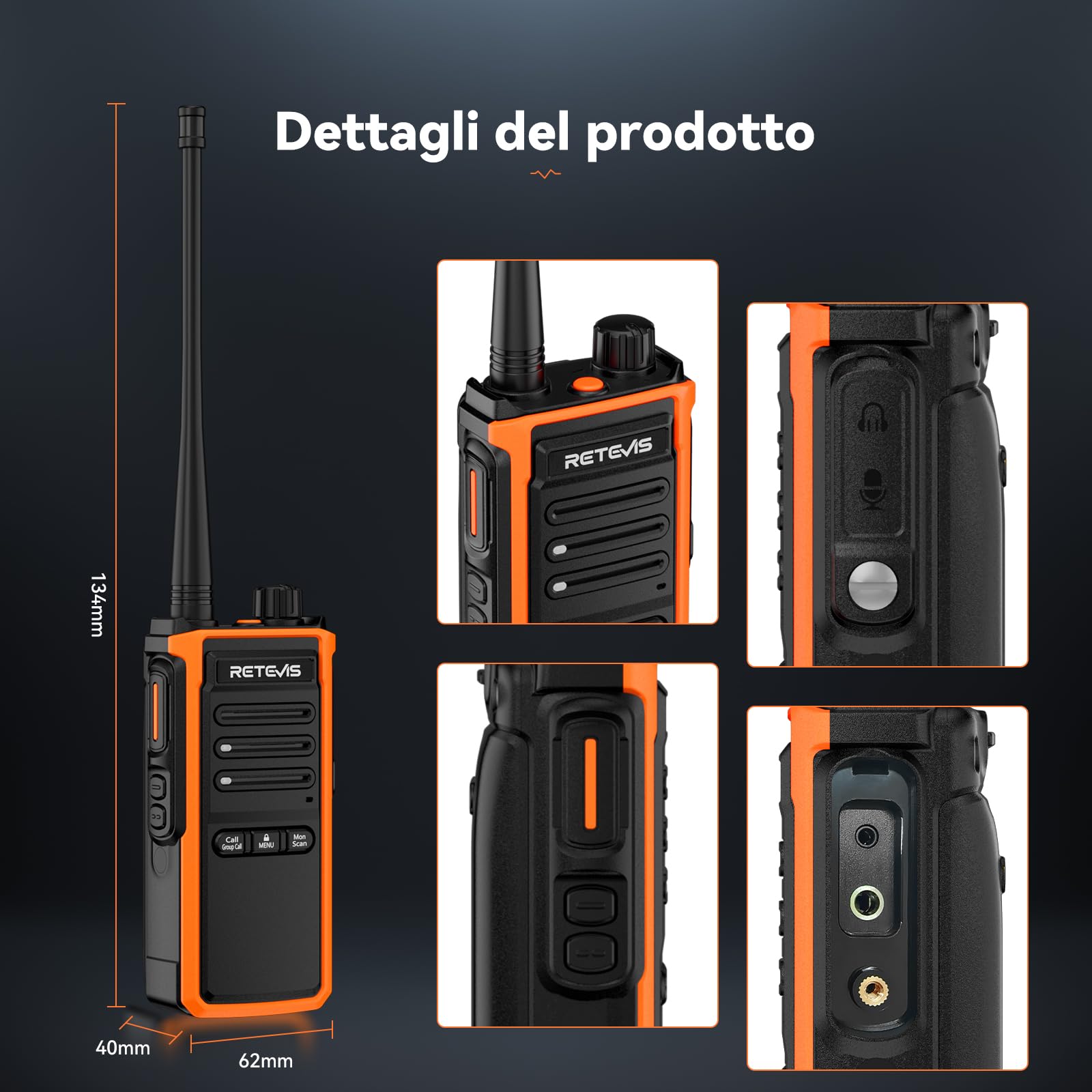 Retevis C65B Walkie Talkie Professionali IP67, Ricetrasmittenti a Lungo Raggio, Batteria Ricaricabile da 1800 mAh, Chiamata di Gruppo, Woki Toki Alta Potenza per la Costruzione (4 Pacchetti)