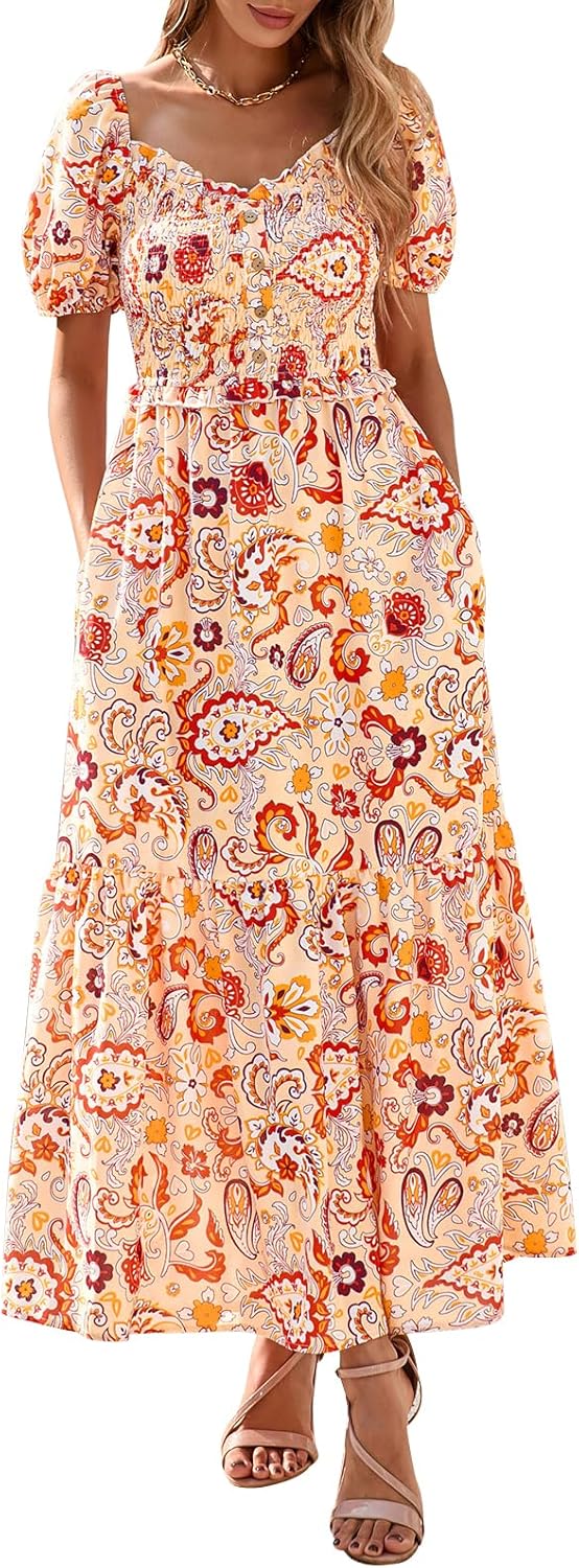 PRETTYGARDEN Womens Summer Dresses 2025 Casual Boho Floral Puff Short Sleeve Flowy Maxi Dress Smocked V Neck Sun Dresses
