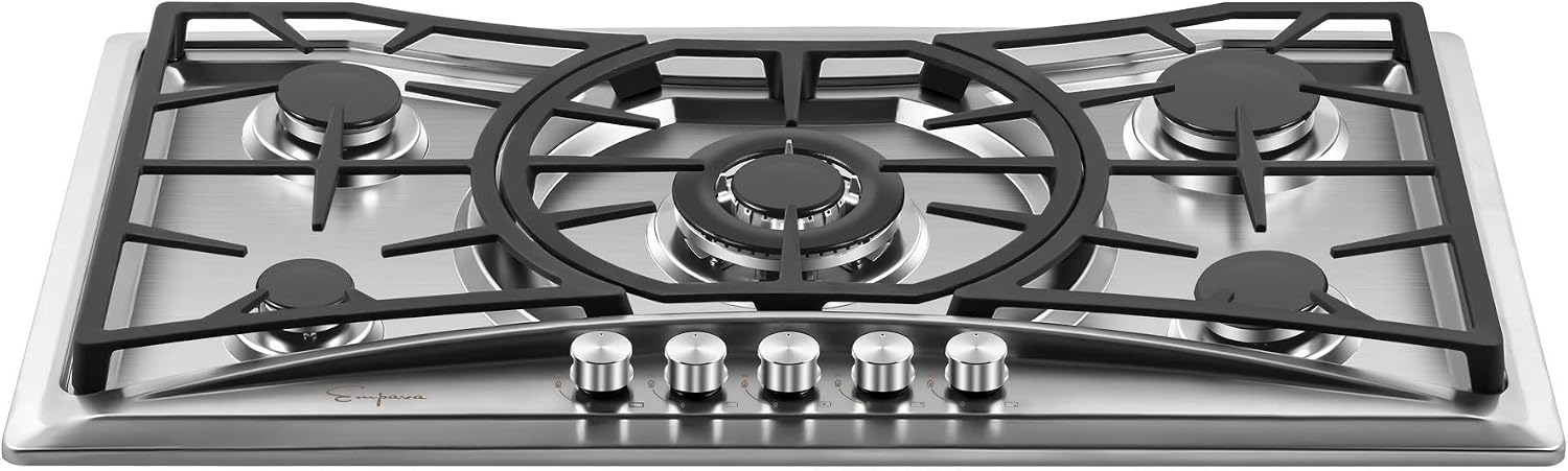 Empava 36 Inch Gas Cooktop Professional 5 Italy Sabaf Burners Stove Top Certified with Thermocouple Protection in Stainless Steel, Silver