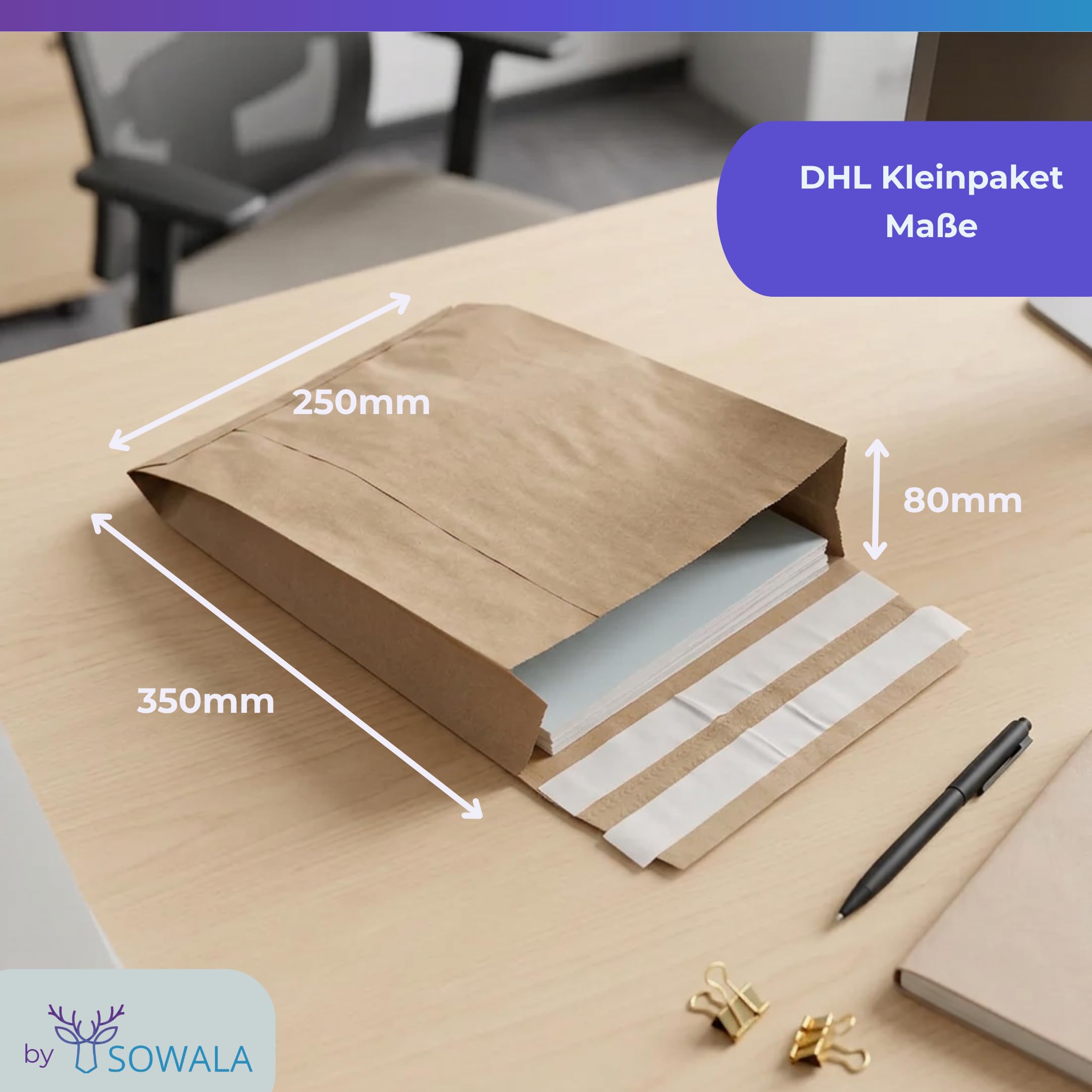 Papier-Versandtaschen Vinted 350x250x80mm Versandtüten - 200 Stück, sowala | Spitzer Boden mit 8 cm Seitenfalte – viel Platz für Pullover & Co., Doppelfixverschluss für Hin- & Rückversand, plastikfrei