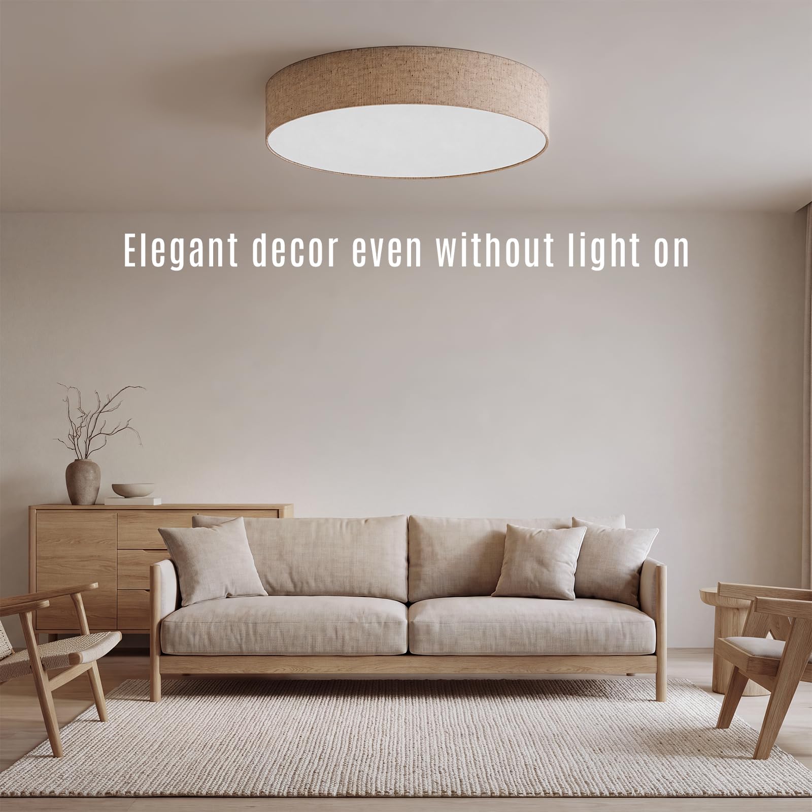 LQWELL Lampada da Soffitto in Tessuto, Plafoniera Rotonda con Paralume in Lino, Attacco E27 x 6, max.40W, Ø50cm x H10cm, Colore naturale, per Soggiorno, Camera da Letto, Sala da Pranzo, Ufficio