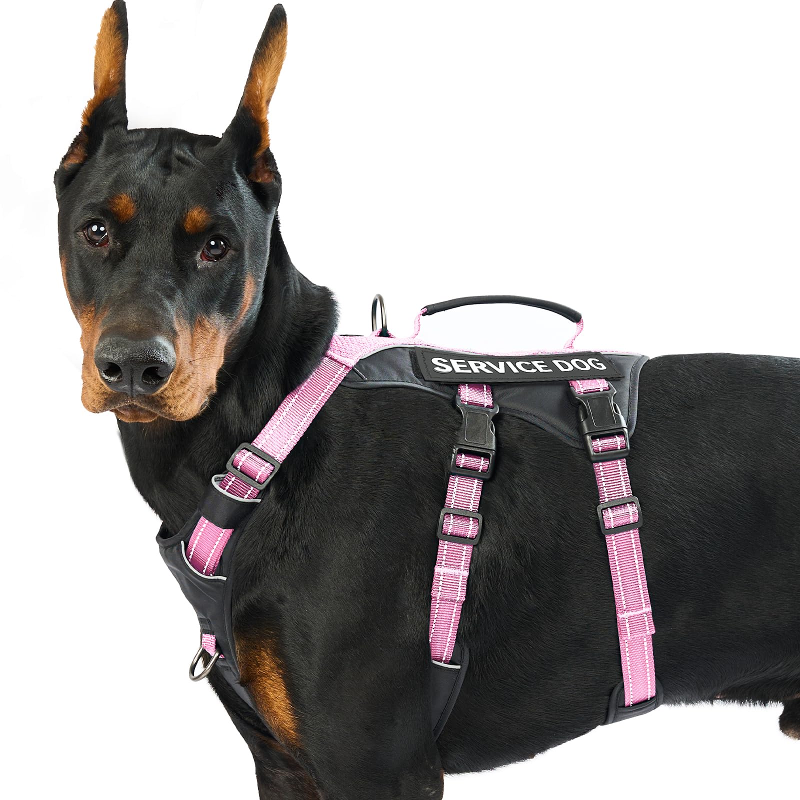 Huntboo Escape Proof Dog Harness Large Dog, Service Dog Harness with 6 Patches, No Pull Harness for Dogs with Handle, Reflective Adjustable Vest for Training, Walking, Outdoor (Pink,L)