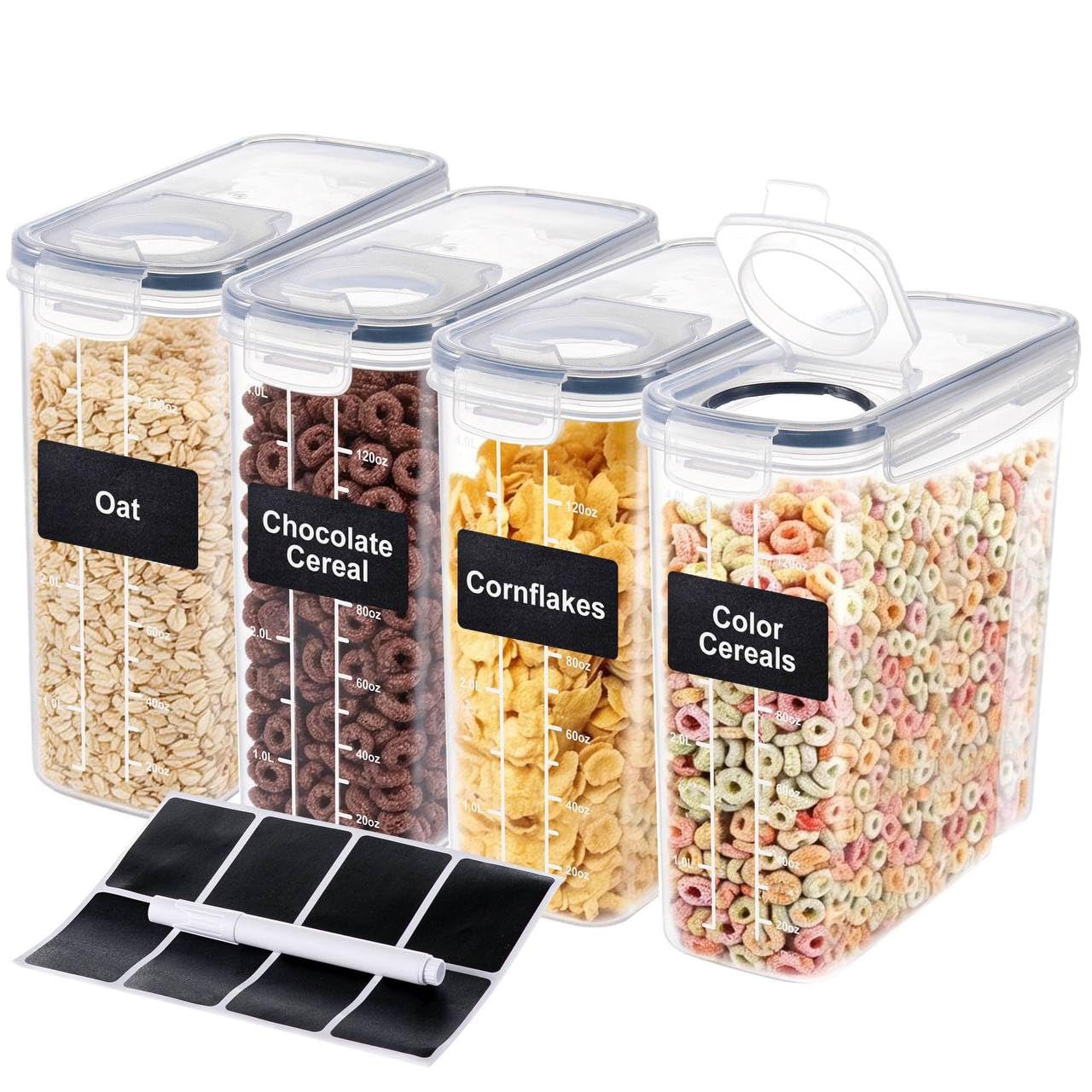 Vencier Airtight Cereal Storage Containers Set of 4 – Large 4L Plastic Food Dispensers for Pantry Organisation – BPA-Free Kitchen Canisters with Silicone Seals – Includes Chalkboard Labels and Pen