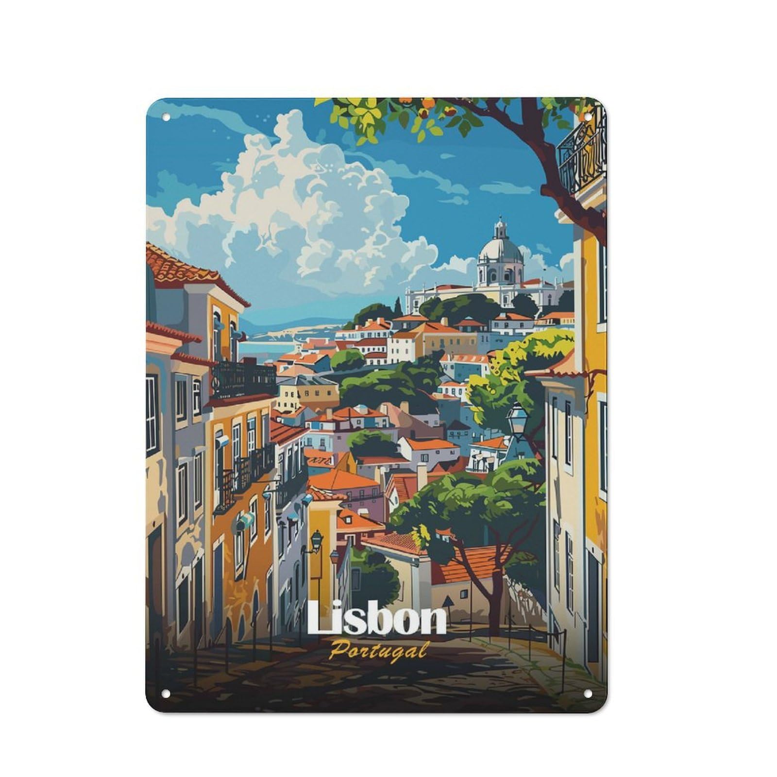 Junmoney Style-17 Decorative Metal Sign With Lisbon, Portugal Cityscape Illustration Design 40X30cm, Cosy Cafe Wall Decor For Kitchen, Cafe, Pantry Or Dining Room