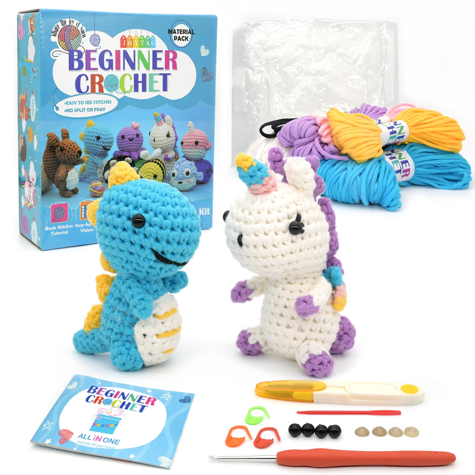 JOYTAGCrochet Kit for Beginners,Beginner Crochet Kit for Adults Kids,Crochet Animal Kit with Step-by-Step Video Tutorials and Beginner Crochet Yarn,Amigurumi Crochet Starter Kit(Dinosuar/Unicorn)