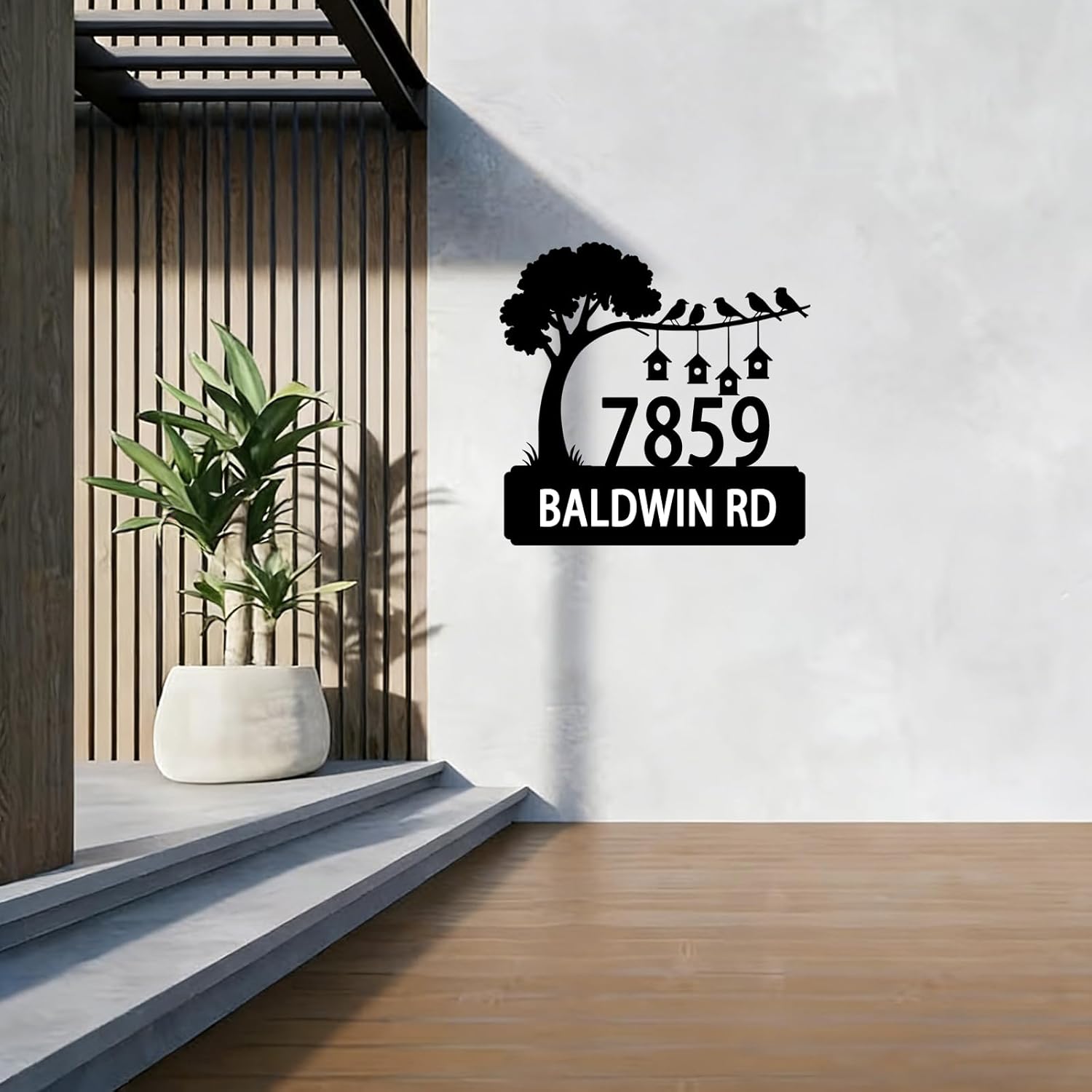 Personalized Tree Metal Address Sign for Wall, Birds Custom Metal House Number Plaque Outdoor, Customized Street Name Laser-Cut Art, New Homeowner Housewarming Gift