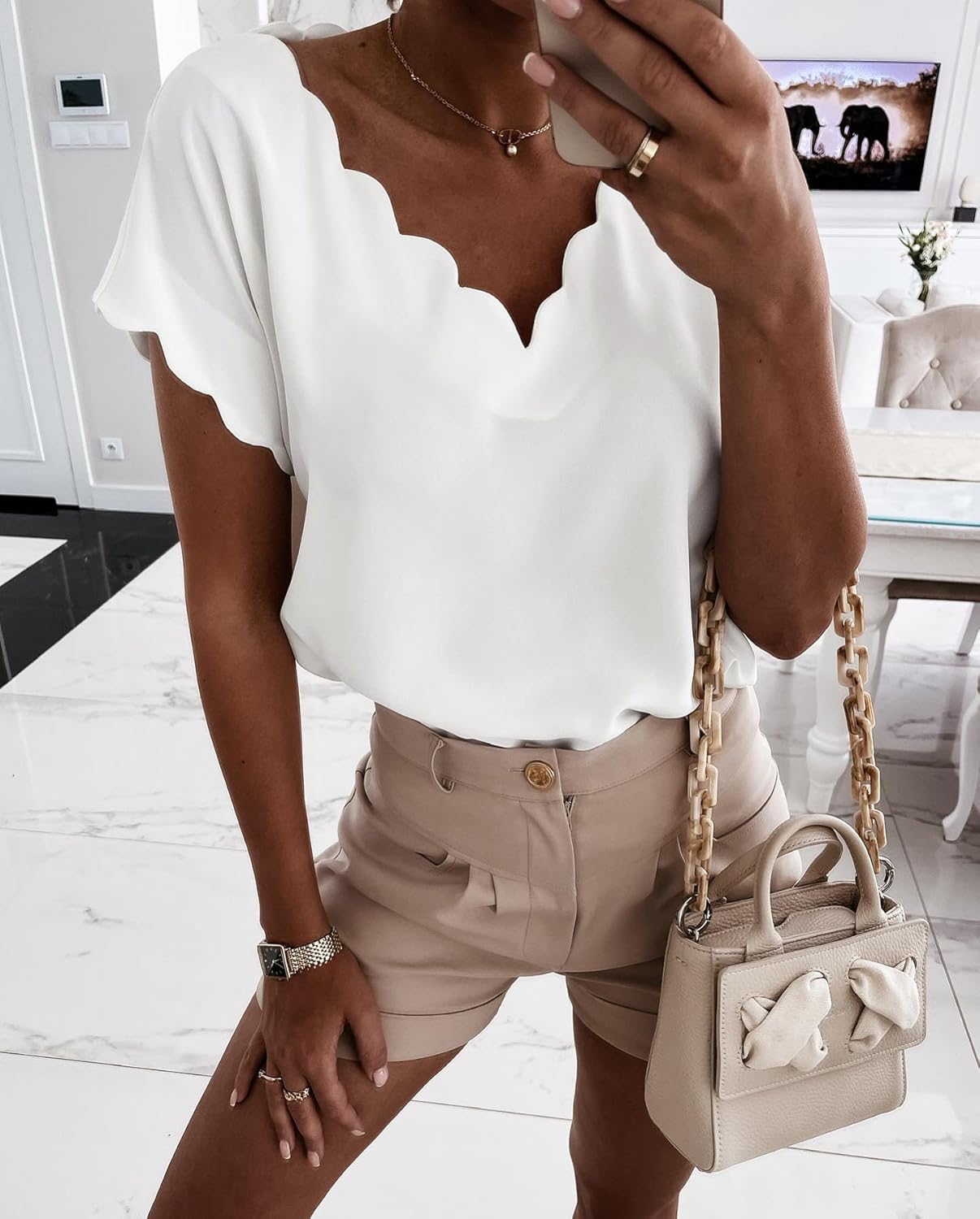 miduo Womens Scallop Trim Summer Fashion Solid Short Batwing Sleeve V Neck Blouses Tops - Image 2