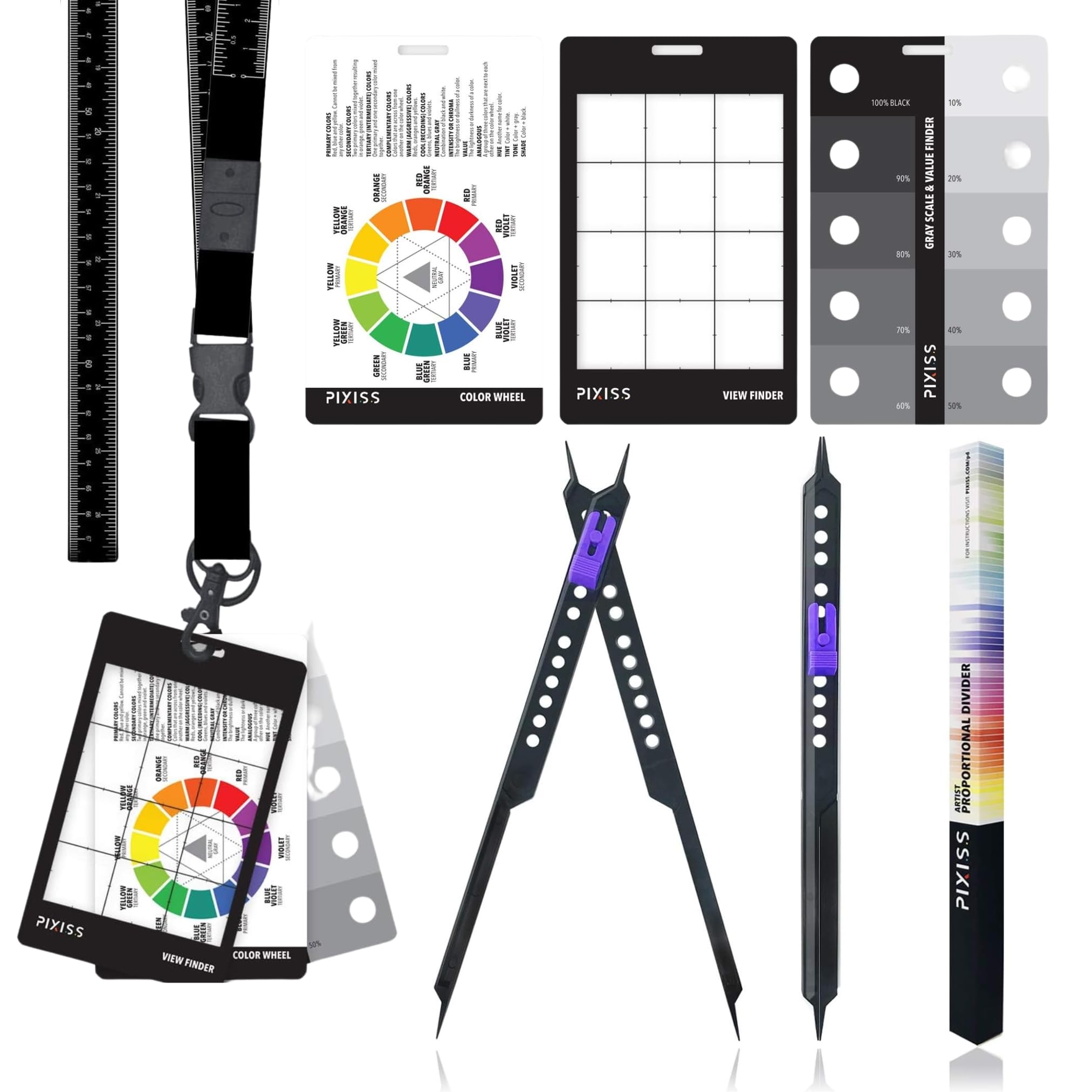 Artist Viewfinder and Color Checker Passport and Lanyard (Measures 31") and Proportional Divider - Pocket Color Wheel, Gray Scale Value Finder, Professional Compass for Drawing and Drafting Supplies