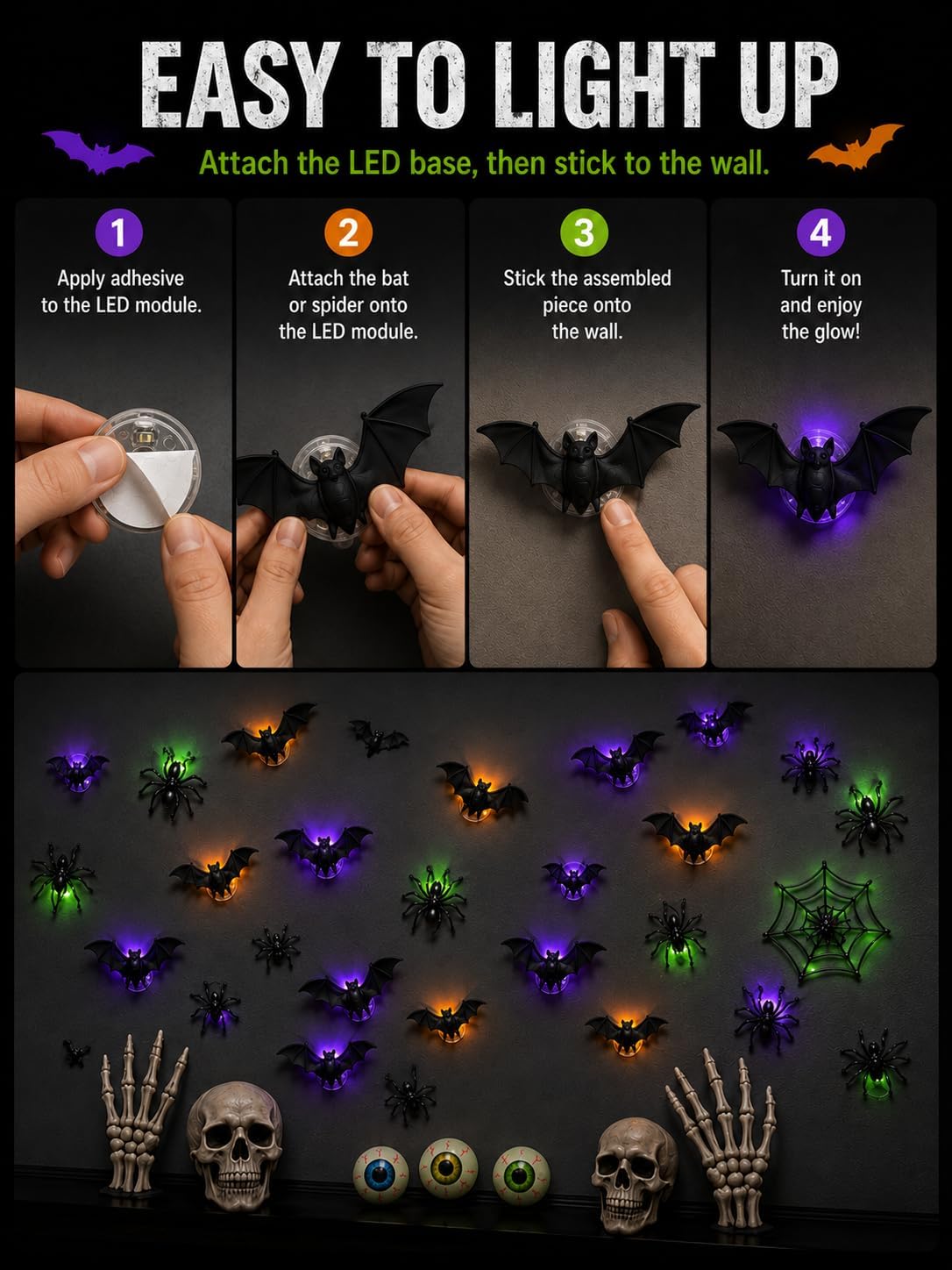 40 PCS 3D LED Halloween Bats Wall Decor with Spiders, Web & Skulls