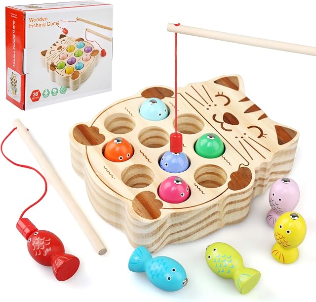 NEWSTYLE Wooden Toy, Fishing Game Magnetic Toy, Fishing Toy Motor Skill Preschool Montessori Educational Toy, Magnetic Fish Fishing Game Montessori Toy, Children's Toy from 2 Years