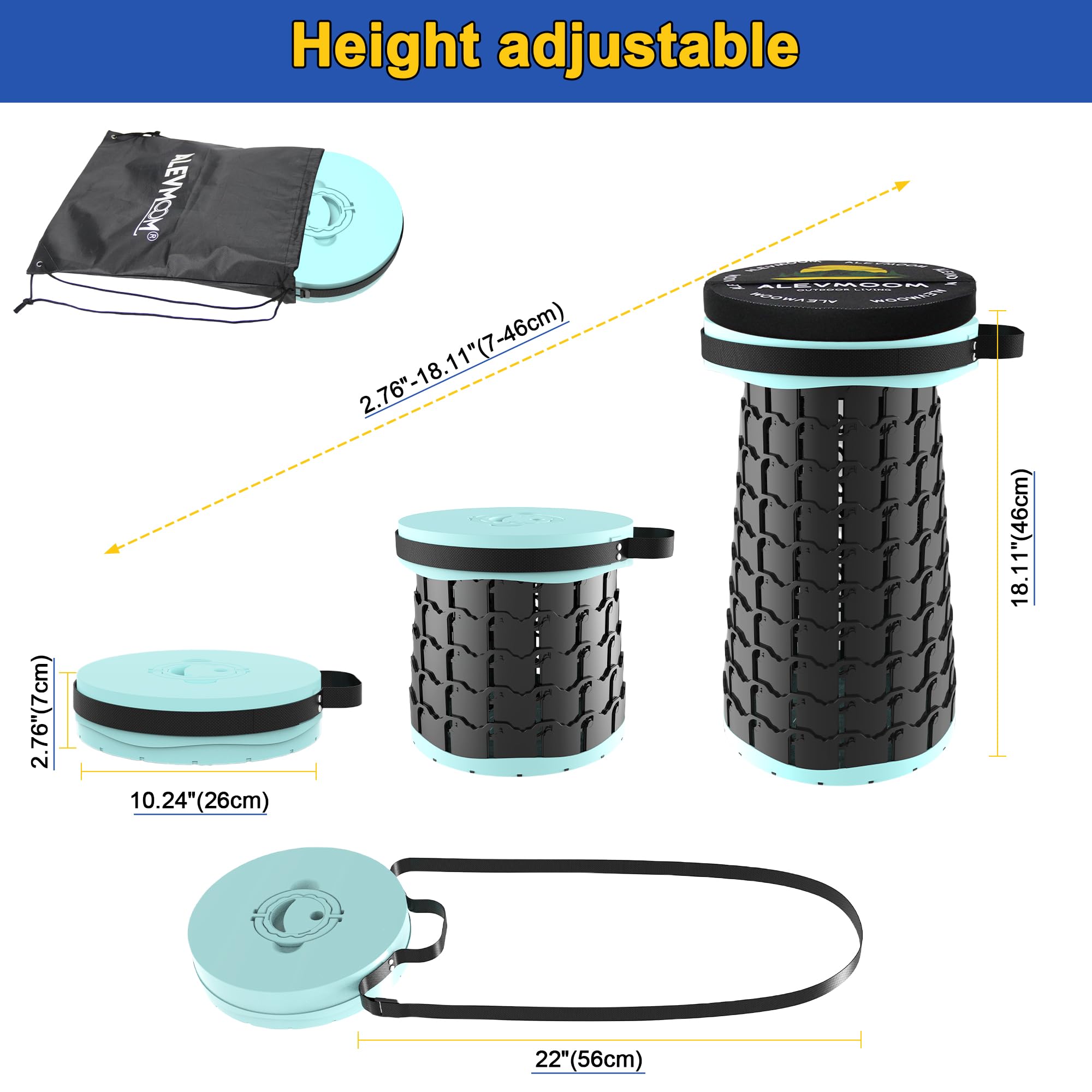ALEVMOOM Sgabello pieghevole XL da 46 cm con cuscino, sgabelli pieghevoli portatili per adulti, capacità 362,9 kg, sgabello telescopico leggero per campeggio, viaggi, pesca, escursionismo