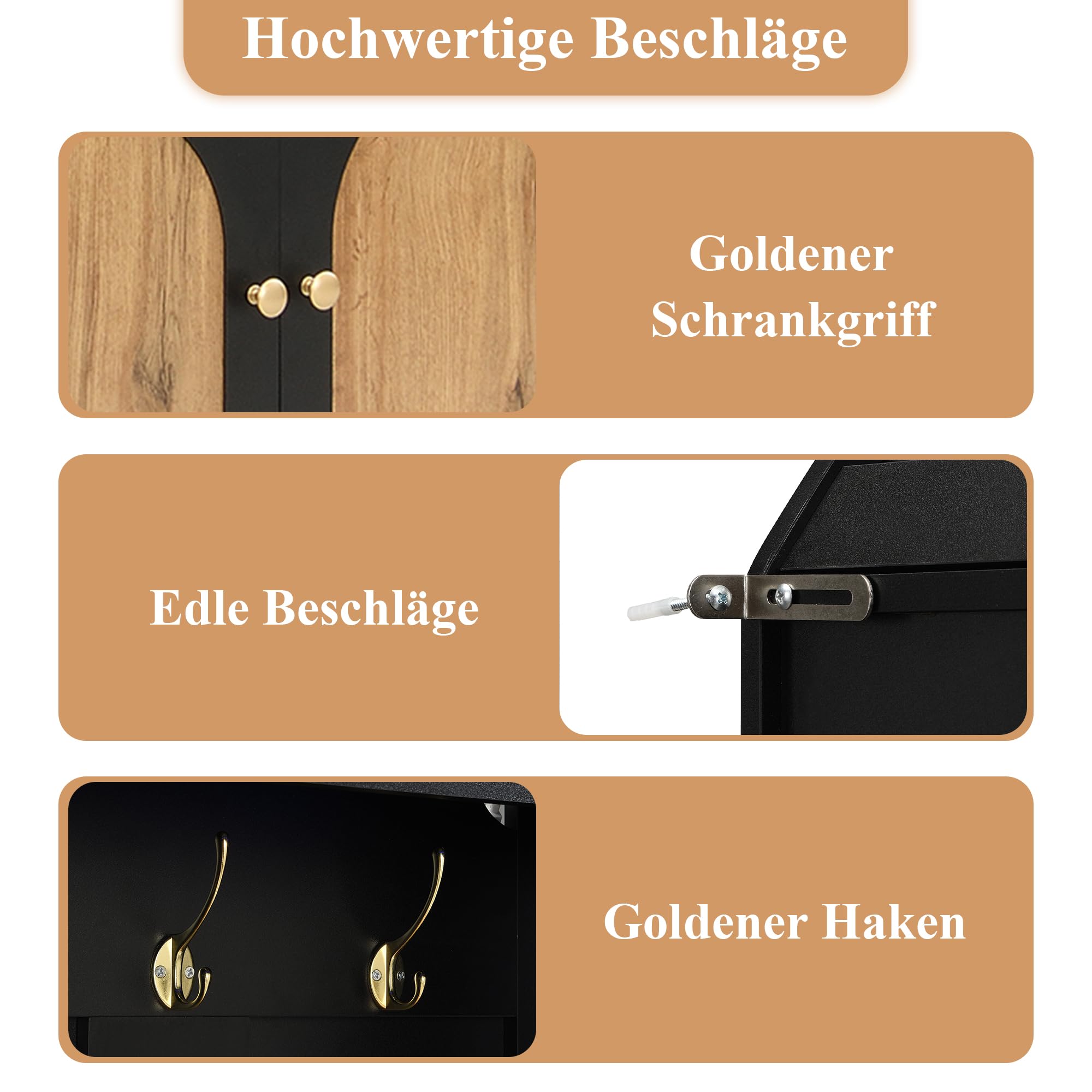 Garderobenset Hoch 195 cm mit LED Licht und Sitzbank, Garderobenschrank Flurgarderoben Set mit Haken und Schuhschrank, Schwarz