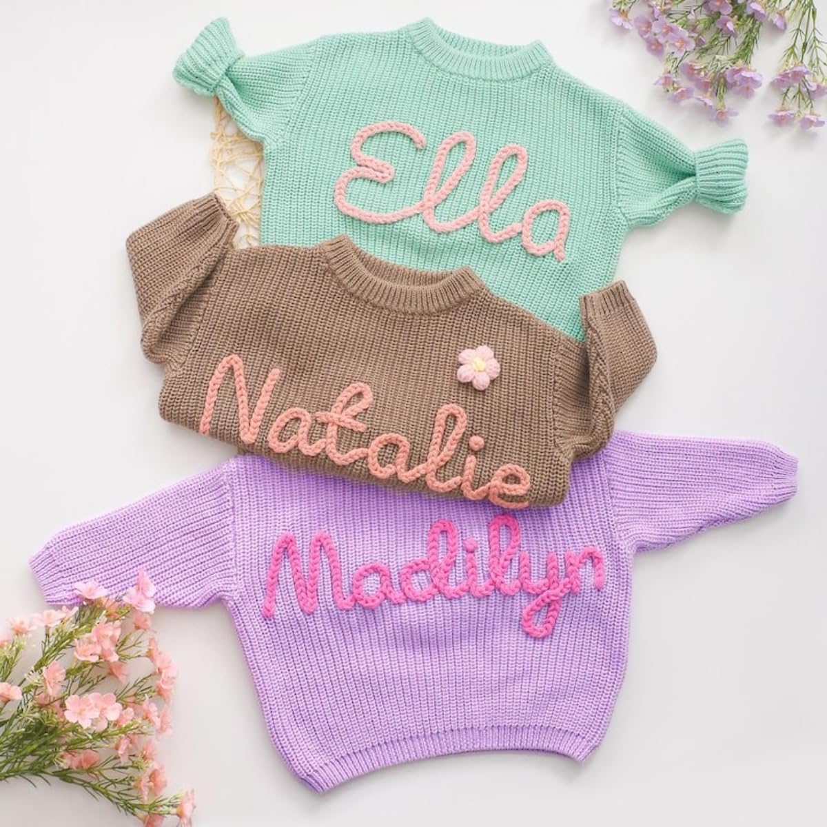 Personalized Hand Embroidered Name Baby Sweater, Custom Toddler Knit Sweaters Custom Name Keepsake