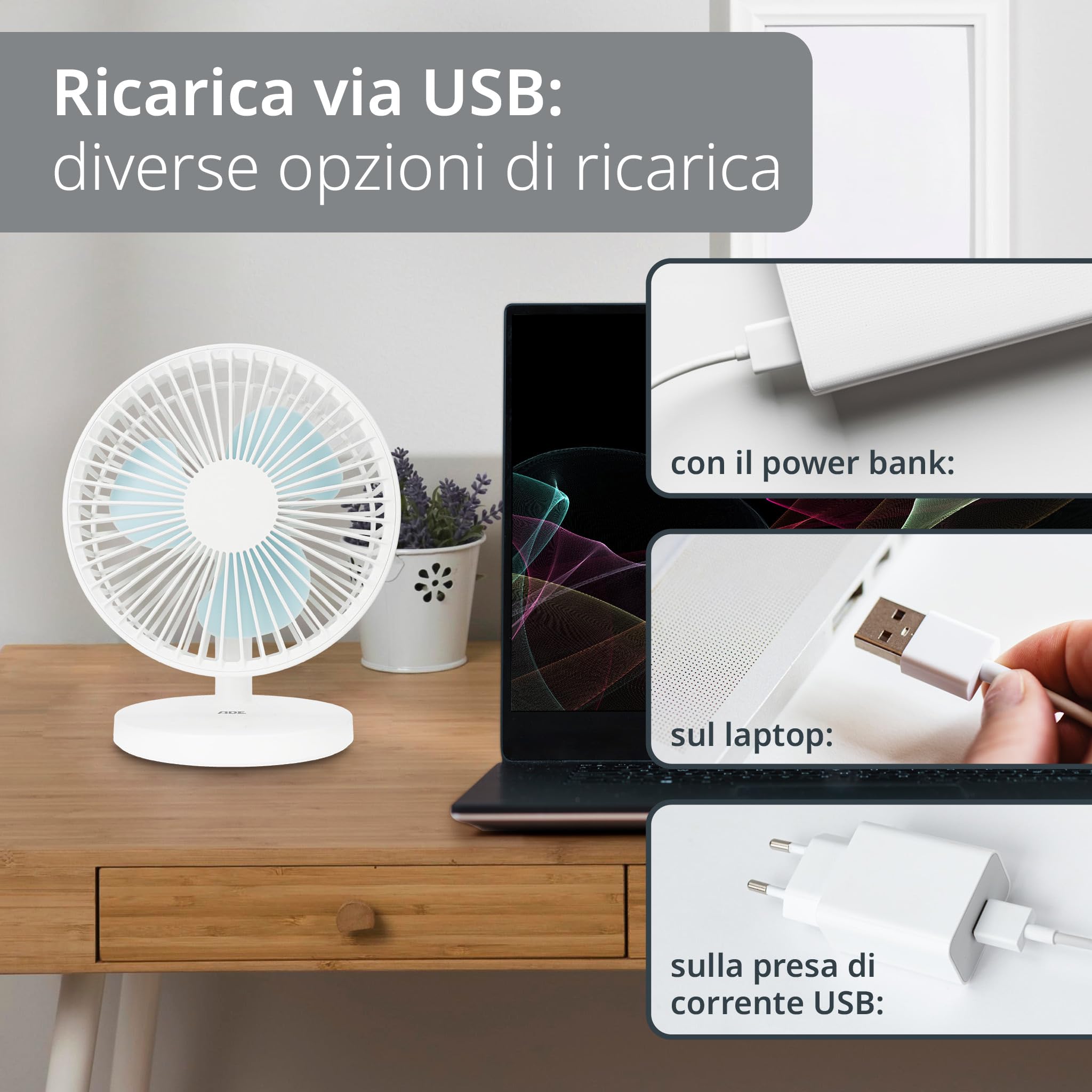 ADE Ventilatore da tavolo USB molto silenzioso | Ventilatore portatile a batteria | 3 livelli di velocità | Batteria autonomia di 7,5 ore | inclinazione di 90° | Leggero e flessibile | bianco