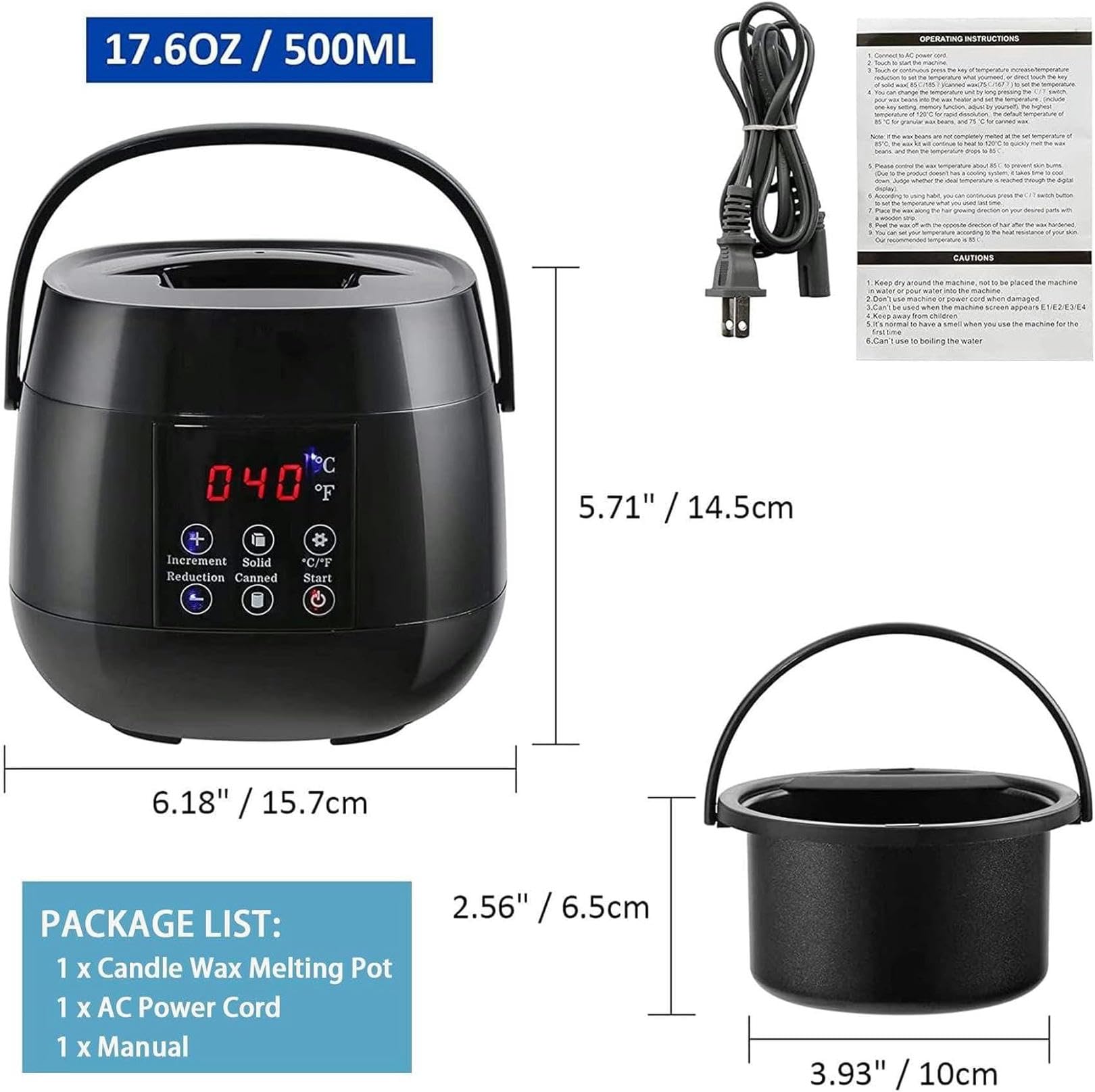 16 uncji / 500 ml Elektryczny nieprzywierający garnek do wosku do świec, zestaw do robienia świec DIY, elektroniczny ekran dotykowy LCD, wyświetla temperaturę w czasie rzeczywistym