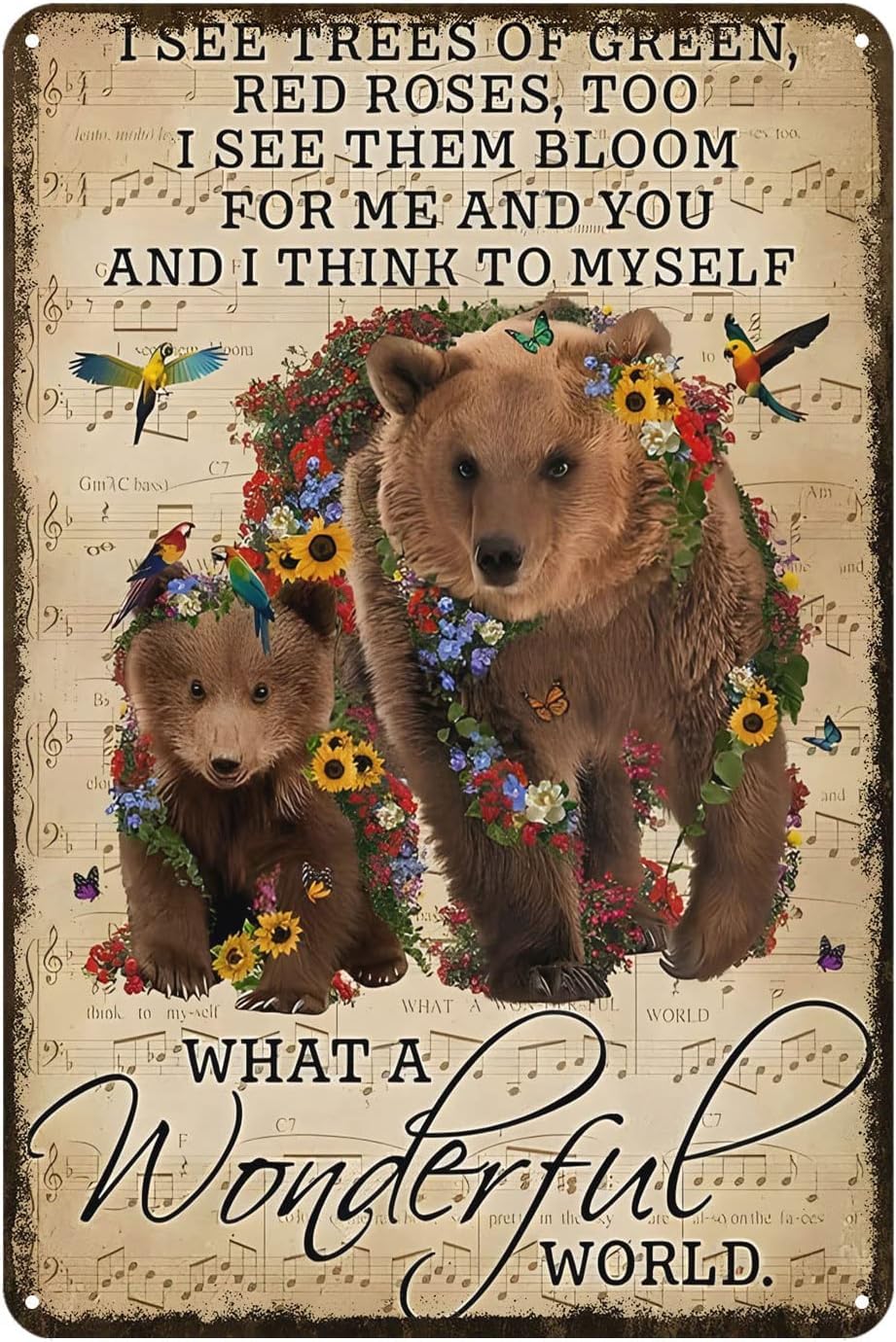 Bear Flower Sheet Music Metal Plaque Poster What A Wonderful World Retro Wall Decor Gift For Bathroom Restaurant Farm Bedroom Cafe School Vintage Metal Tin Sign Plaque 12x16inch