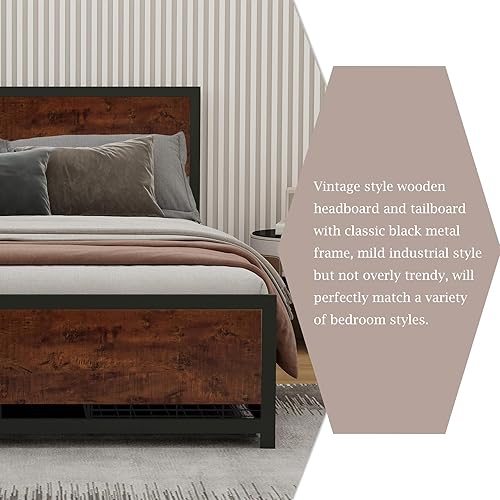 Miniatura 4 de alazyhome Marco de cama de metal completo con 4 cajones de almacenamiento, cama de plataforma rústica industrial moderna con cabecero y estribo de