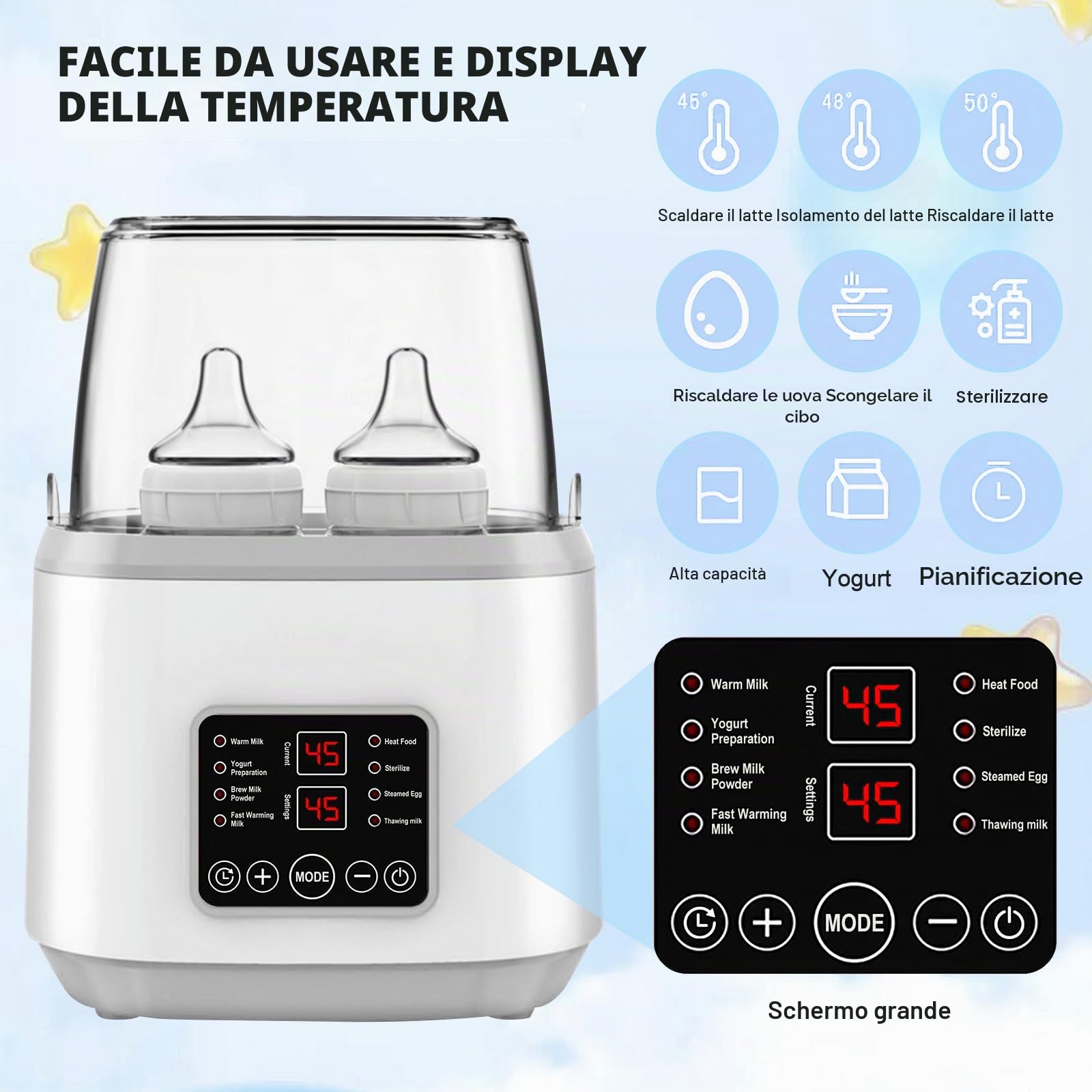 Scaldabiberon per bambini, sterilizzatore 8 in 1 per biberon con pianificazione intelligente, sterilizzazione a vapore, funzione di mantenimento del calore 24H, scalda biberon (grigio)